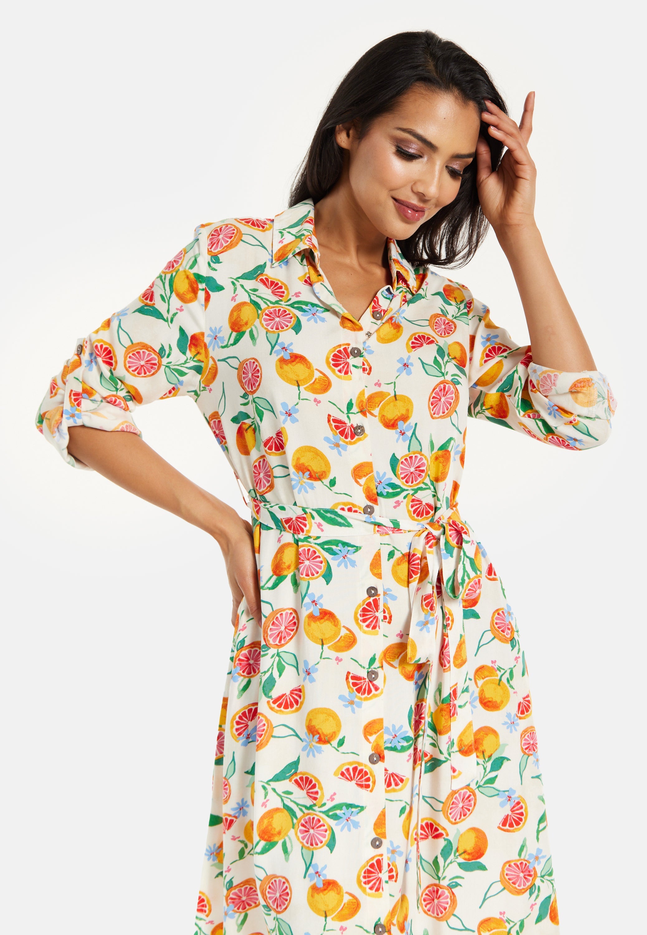 Women’s Midi Dress, Fruit Print, Button-Through Design, Elegant Tie Waist, Roll-Up Sleeves, Lightweight Viscose