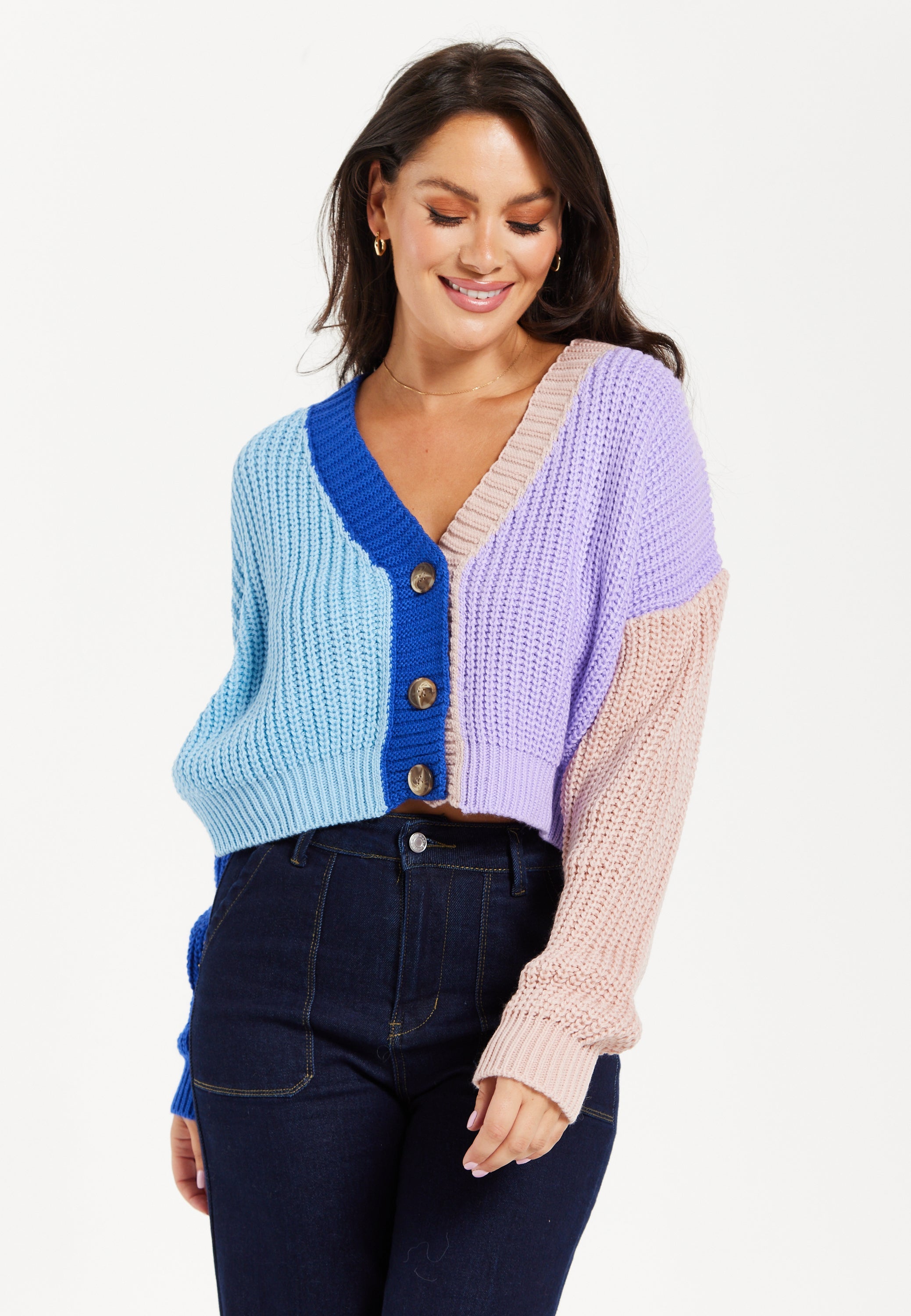 Women's Cardigan in Cool Tones with Ribbed Texture, Full-Length Sleeves, Cropped Fit - Liquorish