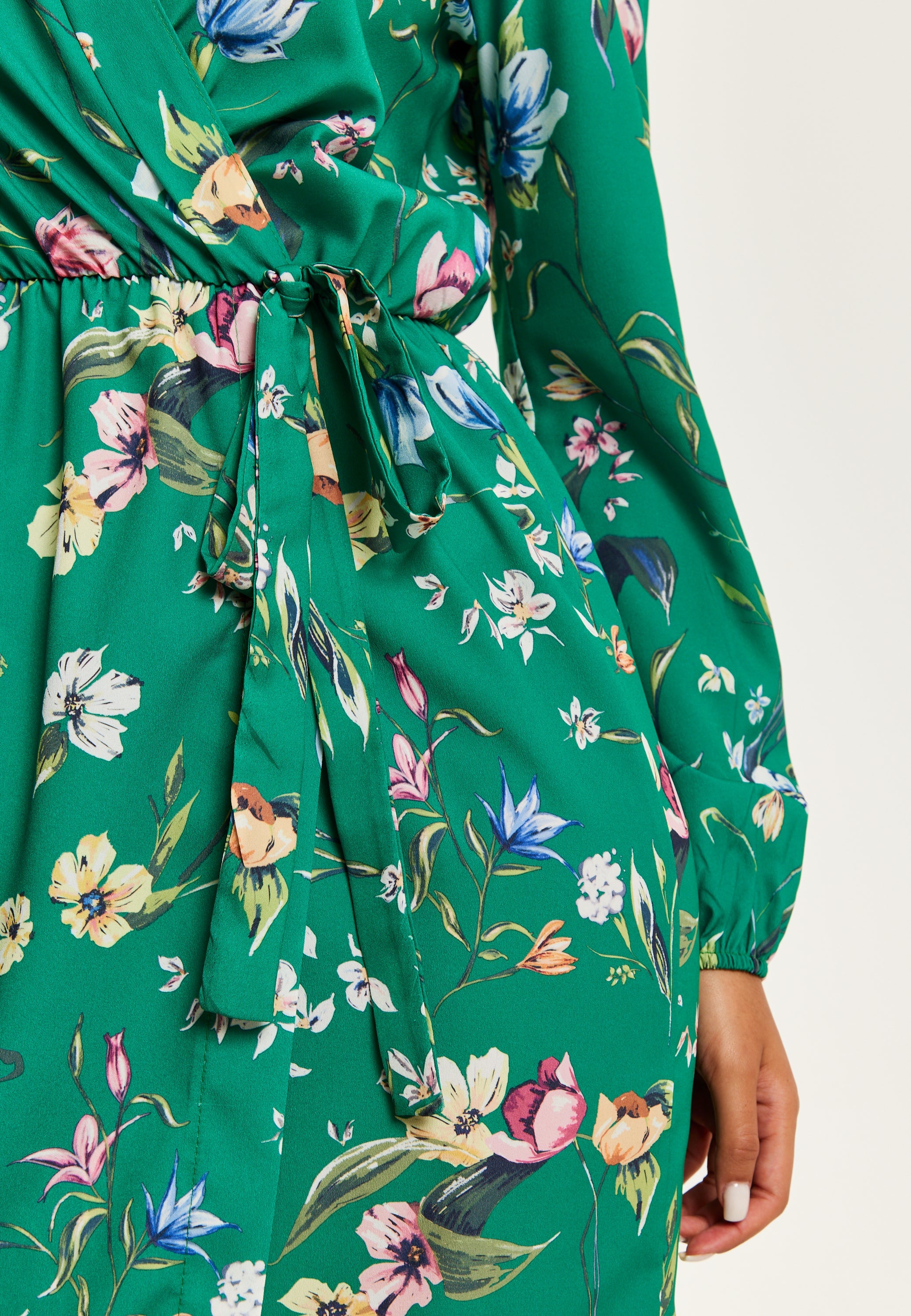 Women's Midi Wrap Dress in Green Floral Print with Long Sleeves - Chic Elegance by Liquorish