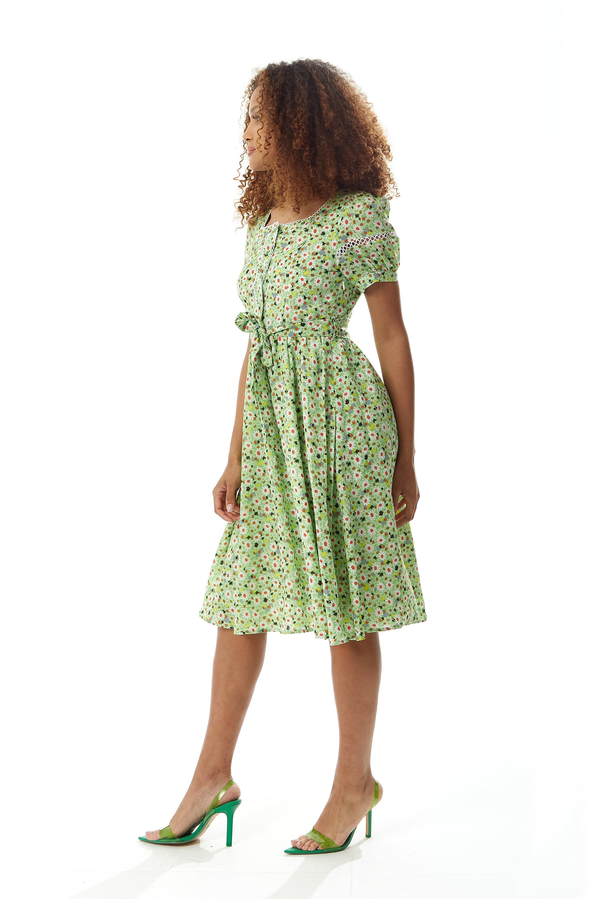 Women's Midi Dress in Green Floral with Short Sleeves and Lace Details - Tie Waist - Liquorish