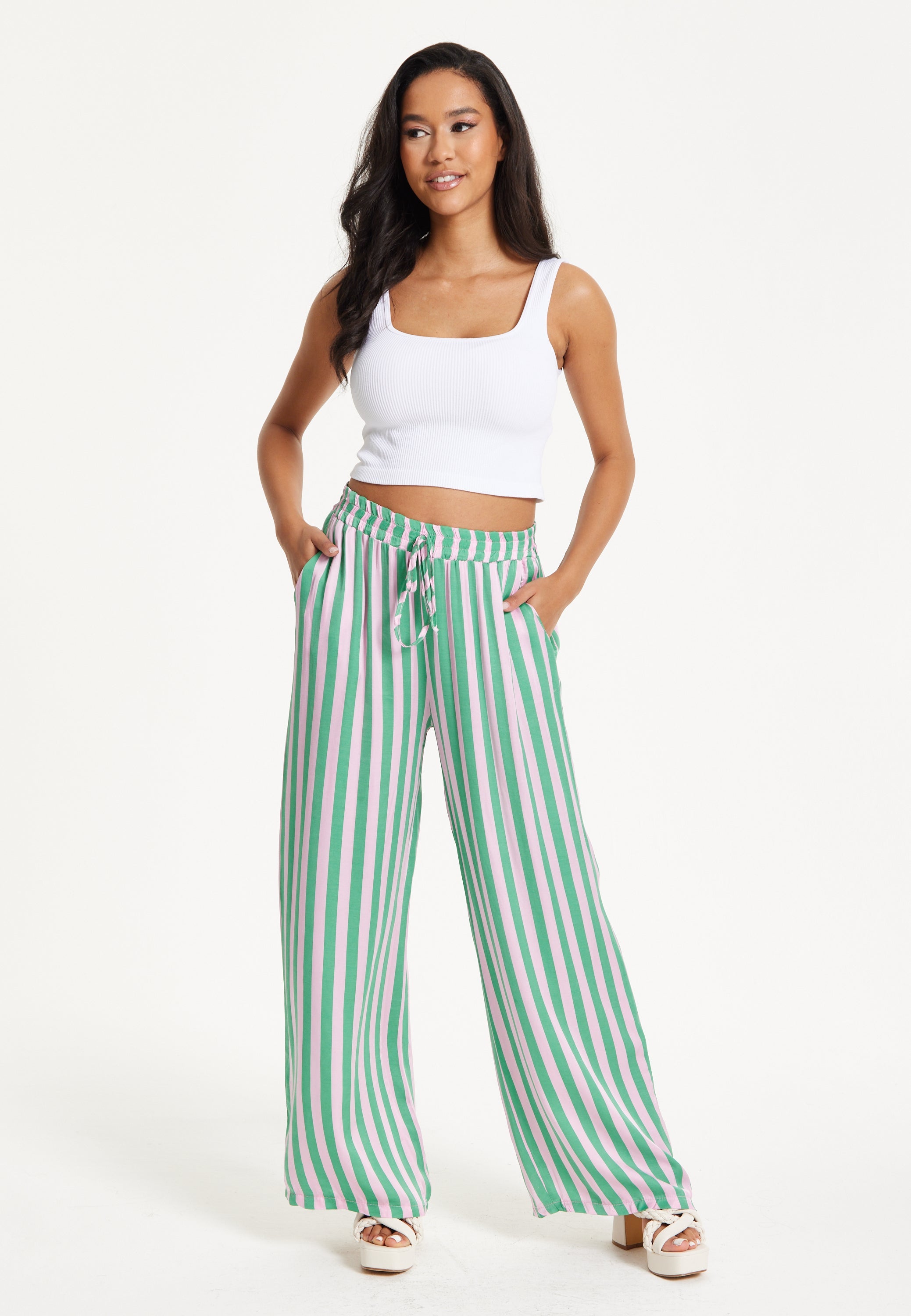 Green and Purple Striped Wide Leg Trousers