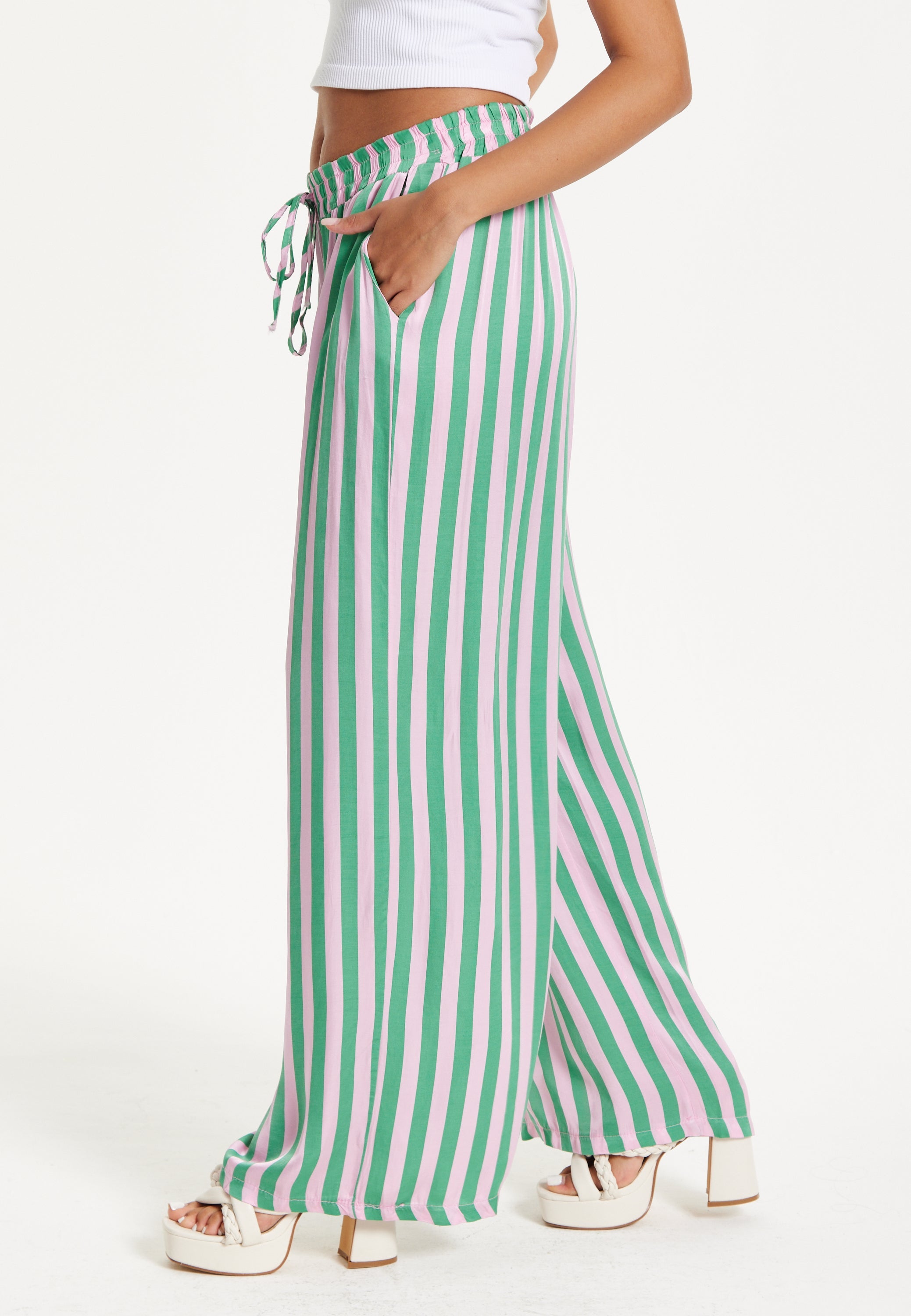 Green and Purple Striped Wide Leg Trousers