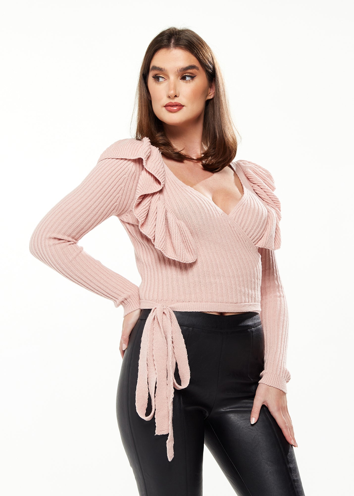 Women's Cardigan in Pink with Frill Sleeves, Wrap Design, Cozy Long Sleeves - Liquorish