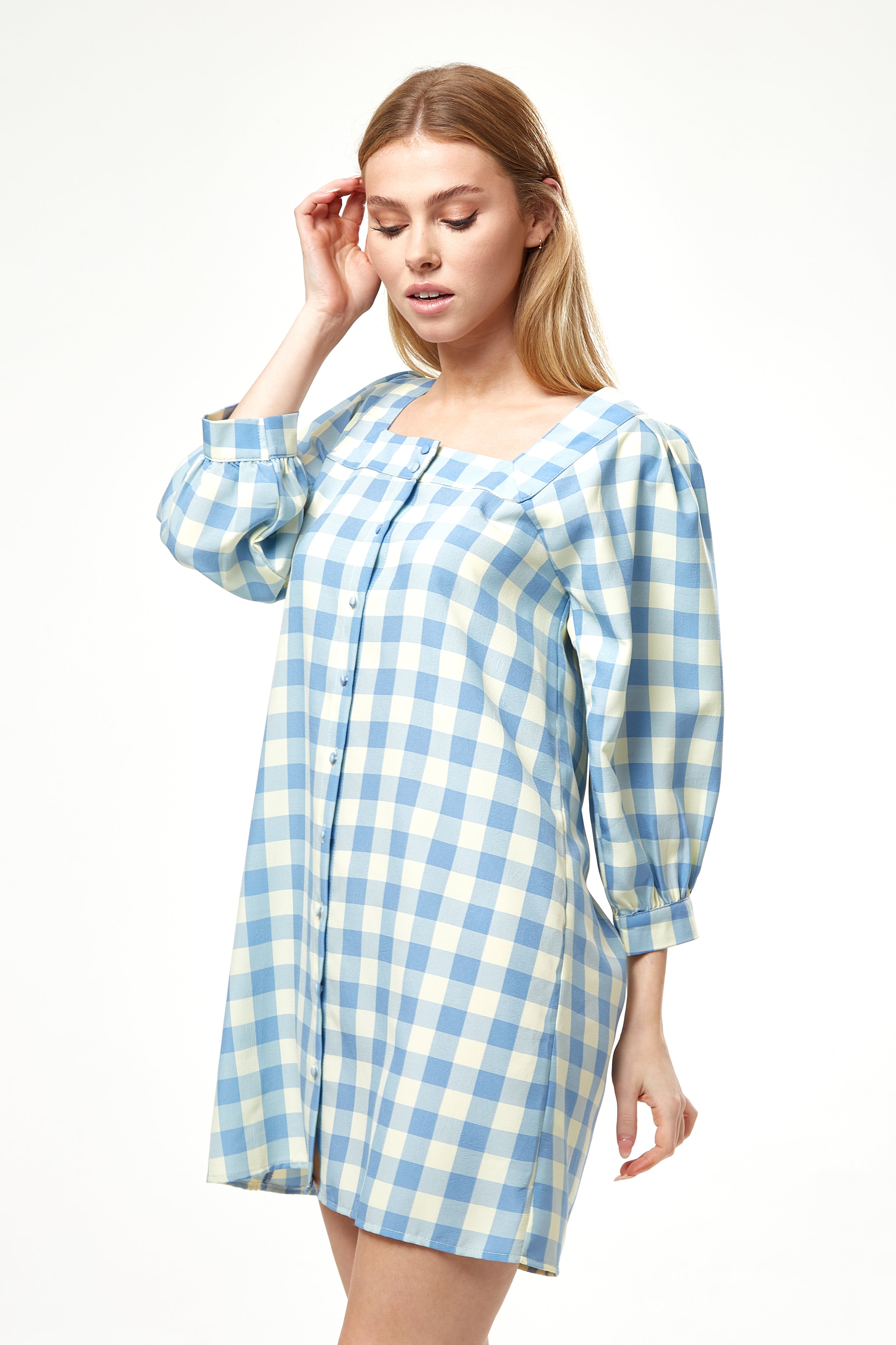 Women's Mini Dress, Blue Gingham Puff Sleeve, Button-Up Front, Oversized Fit, 3/4 Sleeve Length