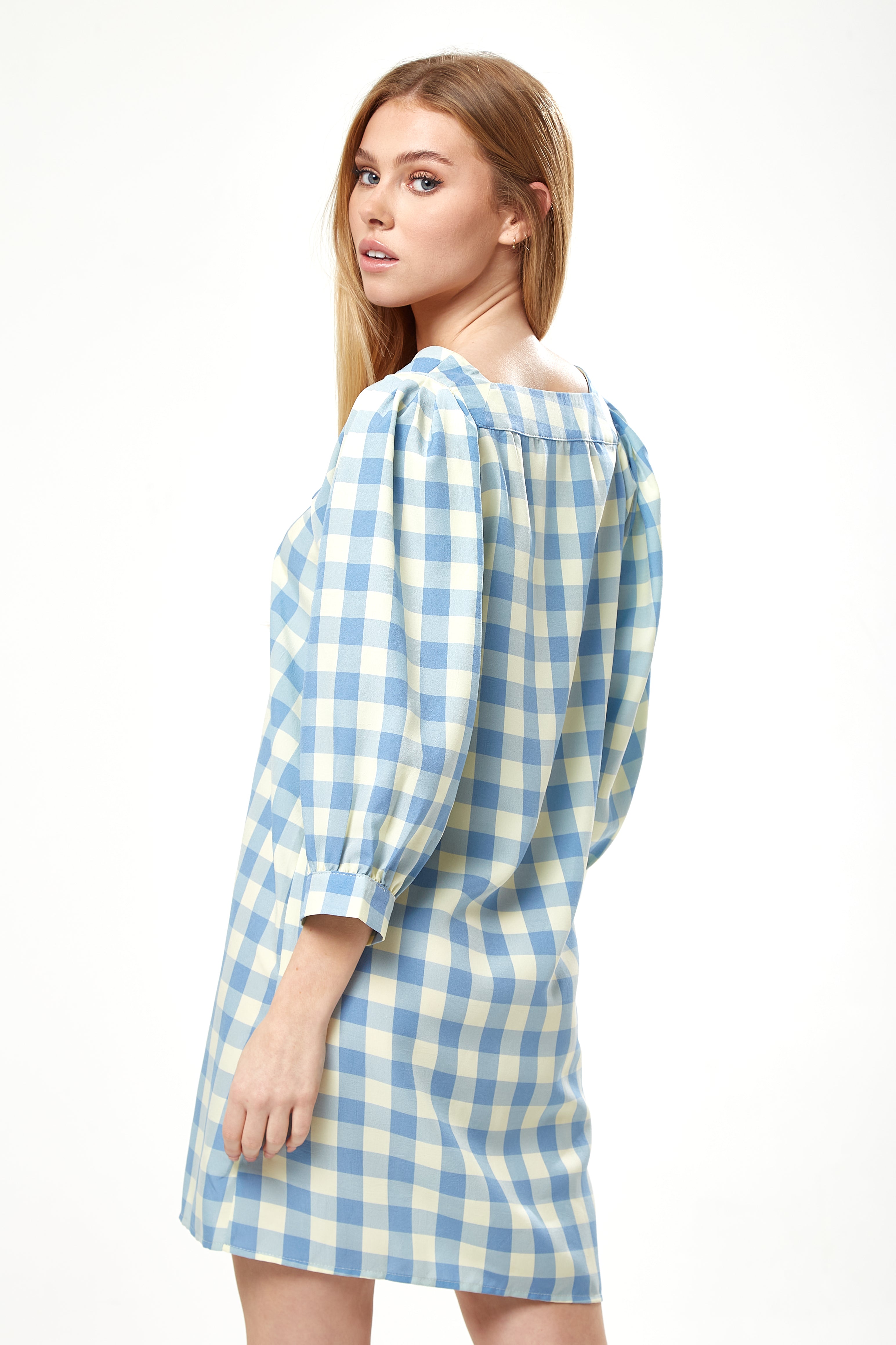 Women's Mini Dress, Blue Gingham Puff Sleeve, Button-Up Front, Oversized Fit, 3/4 Sleeve Length