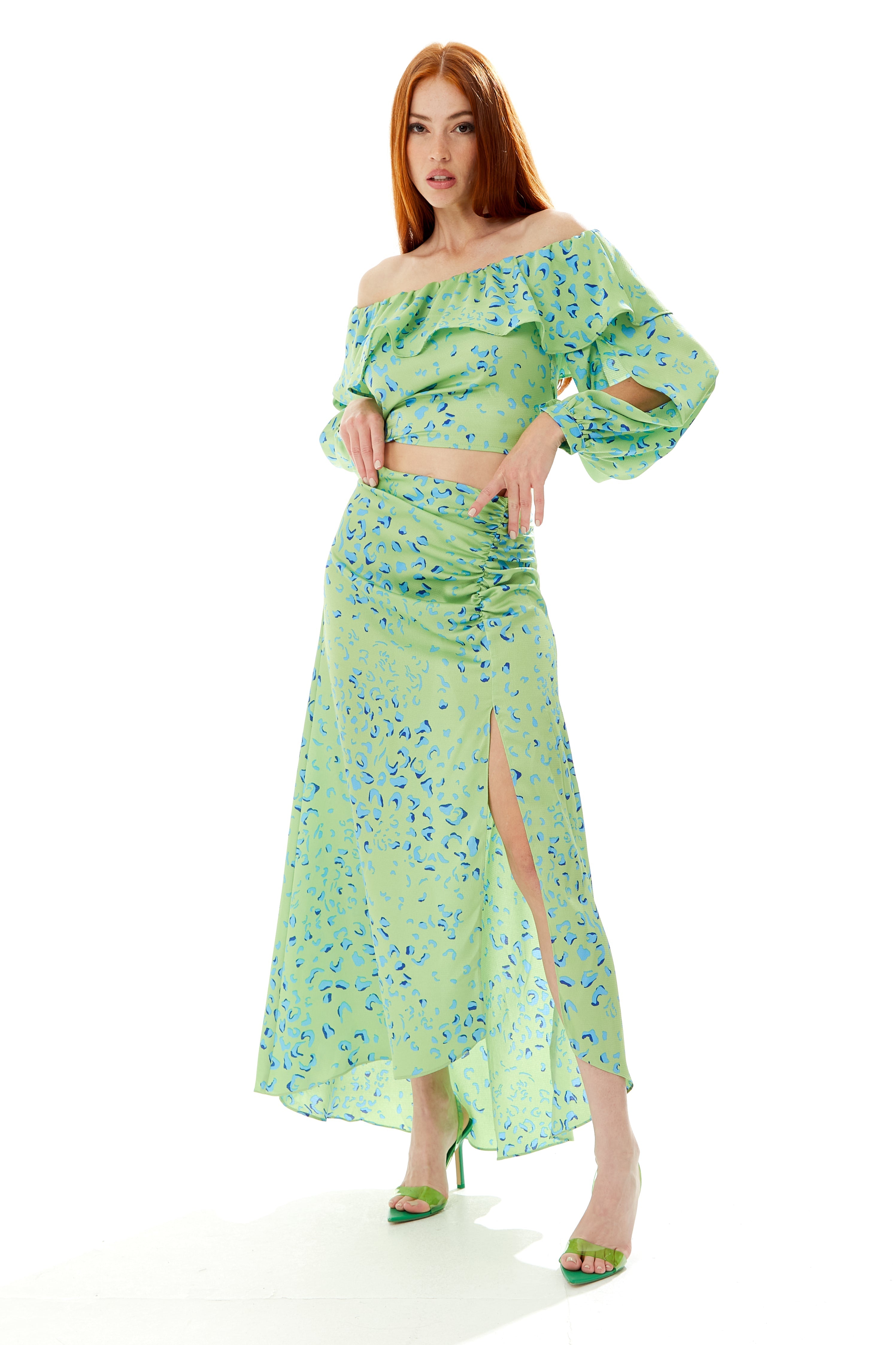 Women's Green Animal Print Maxi Skirt with Gathered Detail and Front Slit - Liquorish