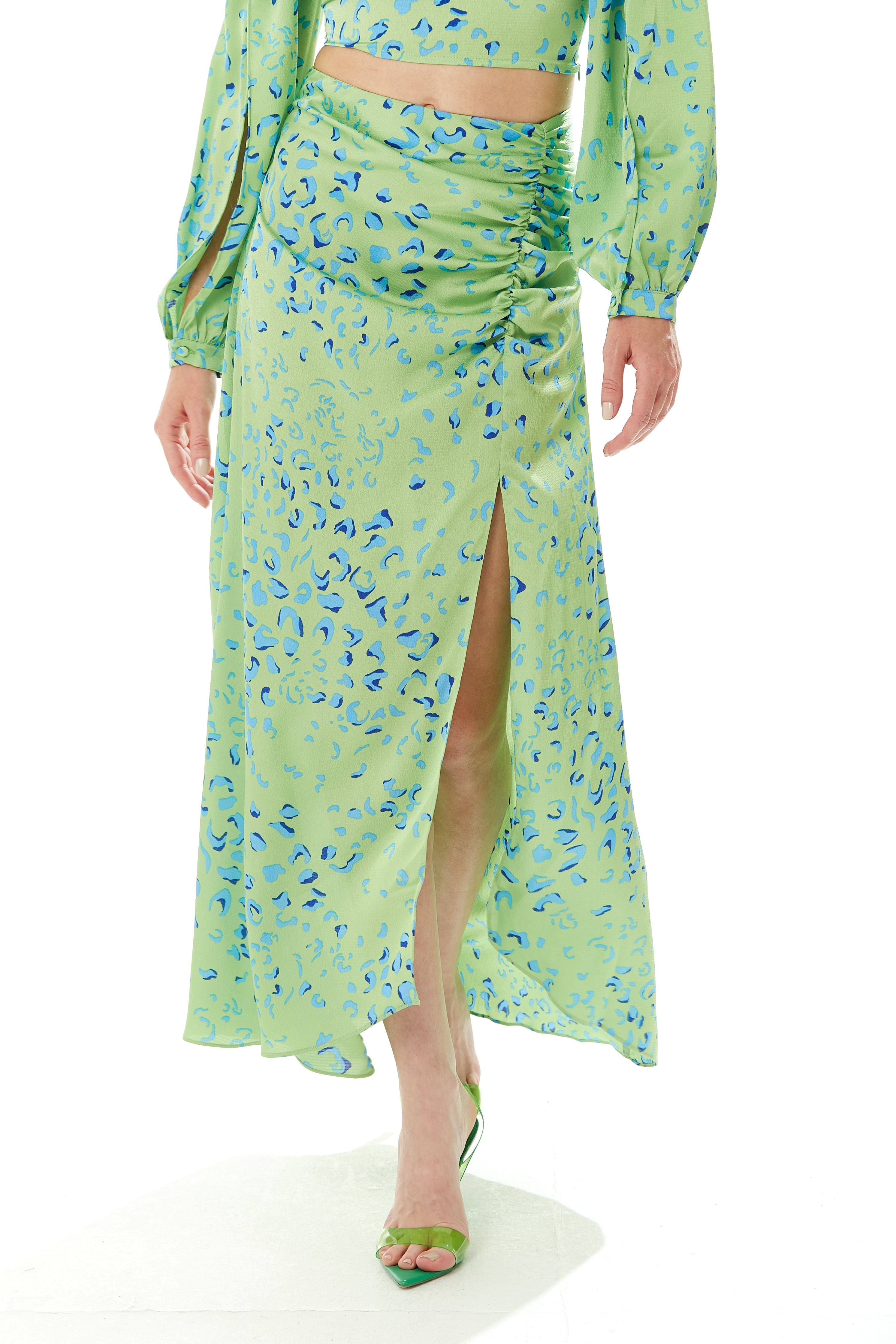 Women's Green Animal Print Maxi Skirt with Gathered Detail and Front Slit - Liquorish