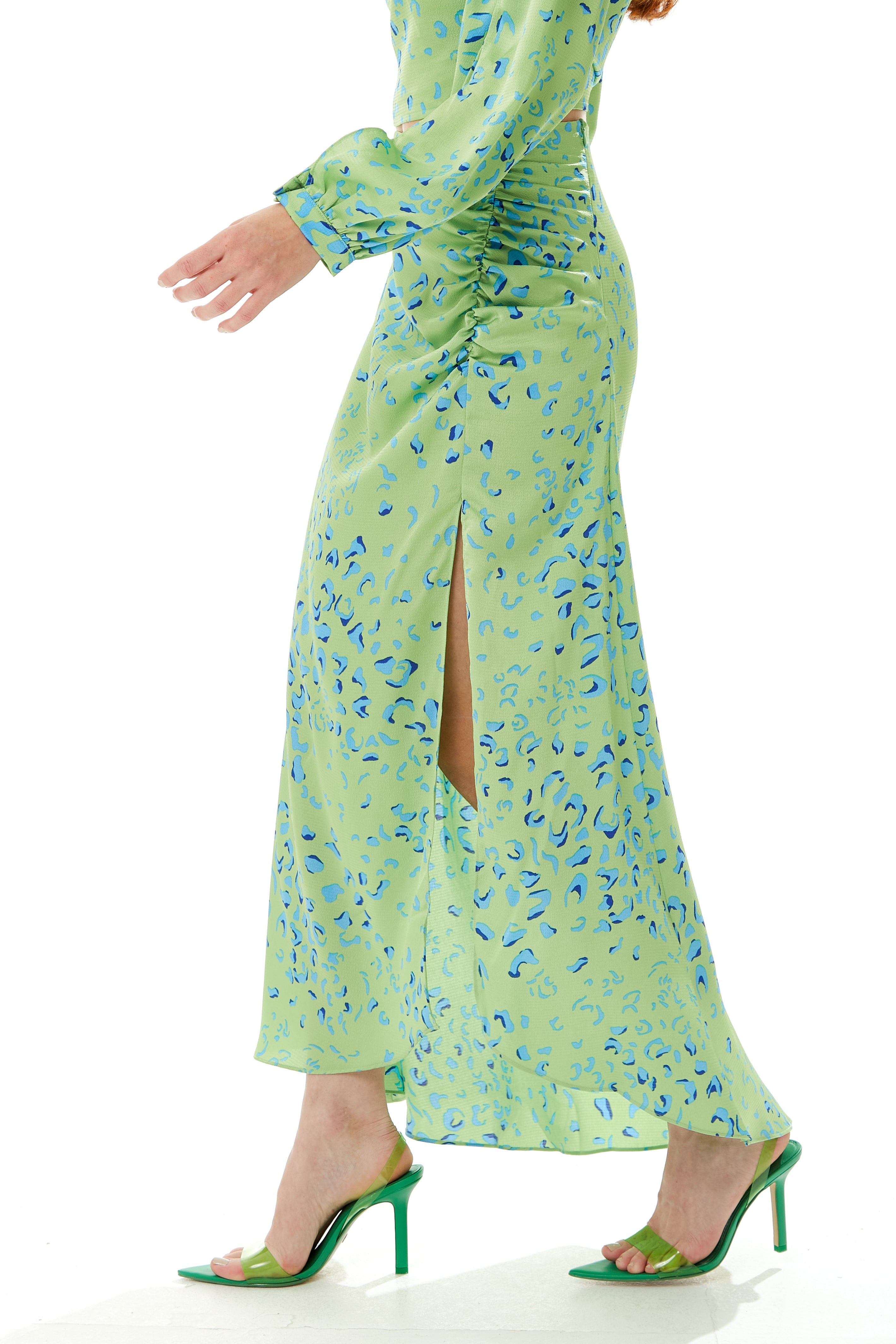 Women's Green Animal Print Maxi Skirt with Gathered Detail and Front Slit - Liquorish