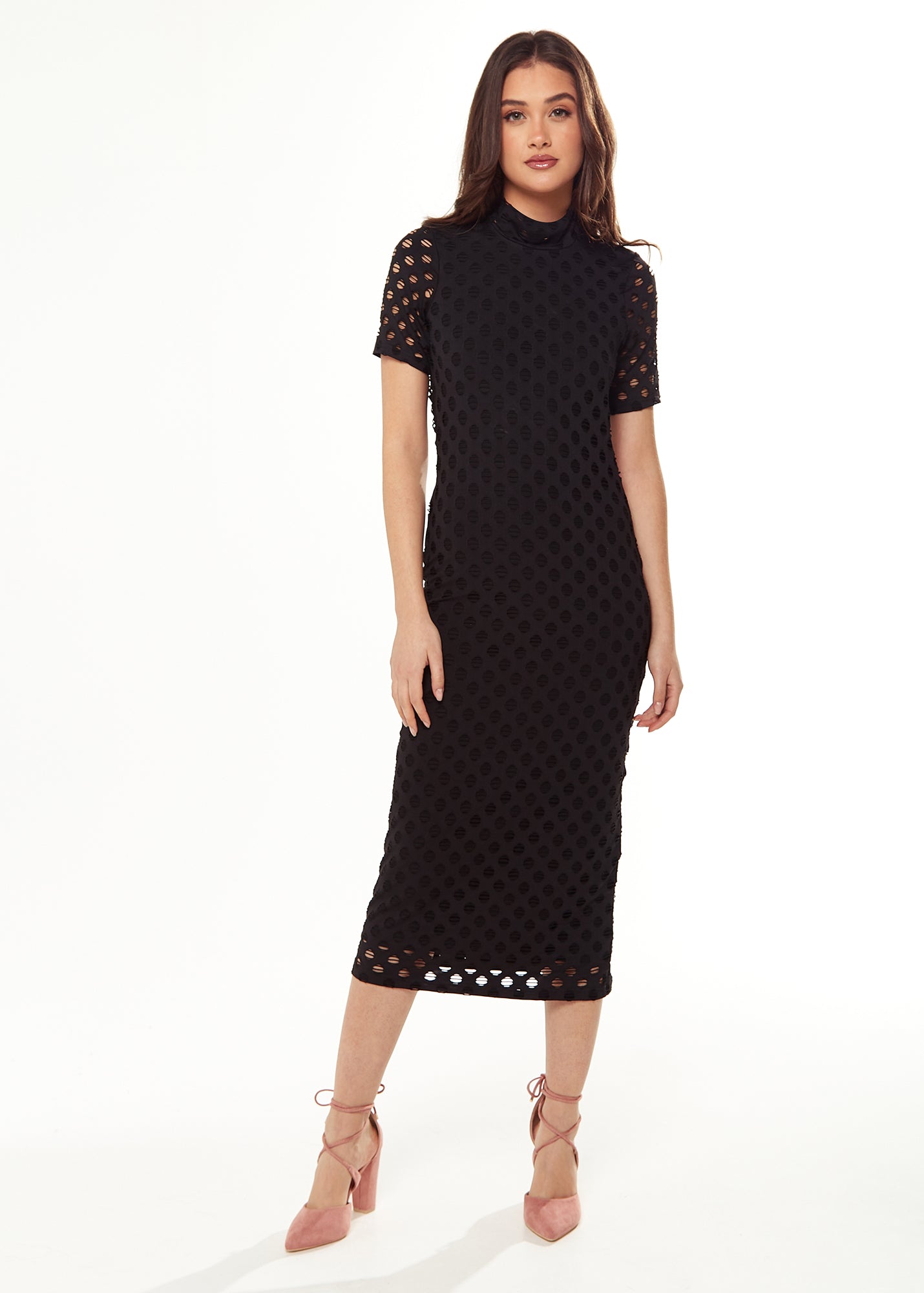 Women's Midi Dress with High Neck, Short Sleeves, Open Back Detail in Black - Liquorish