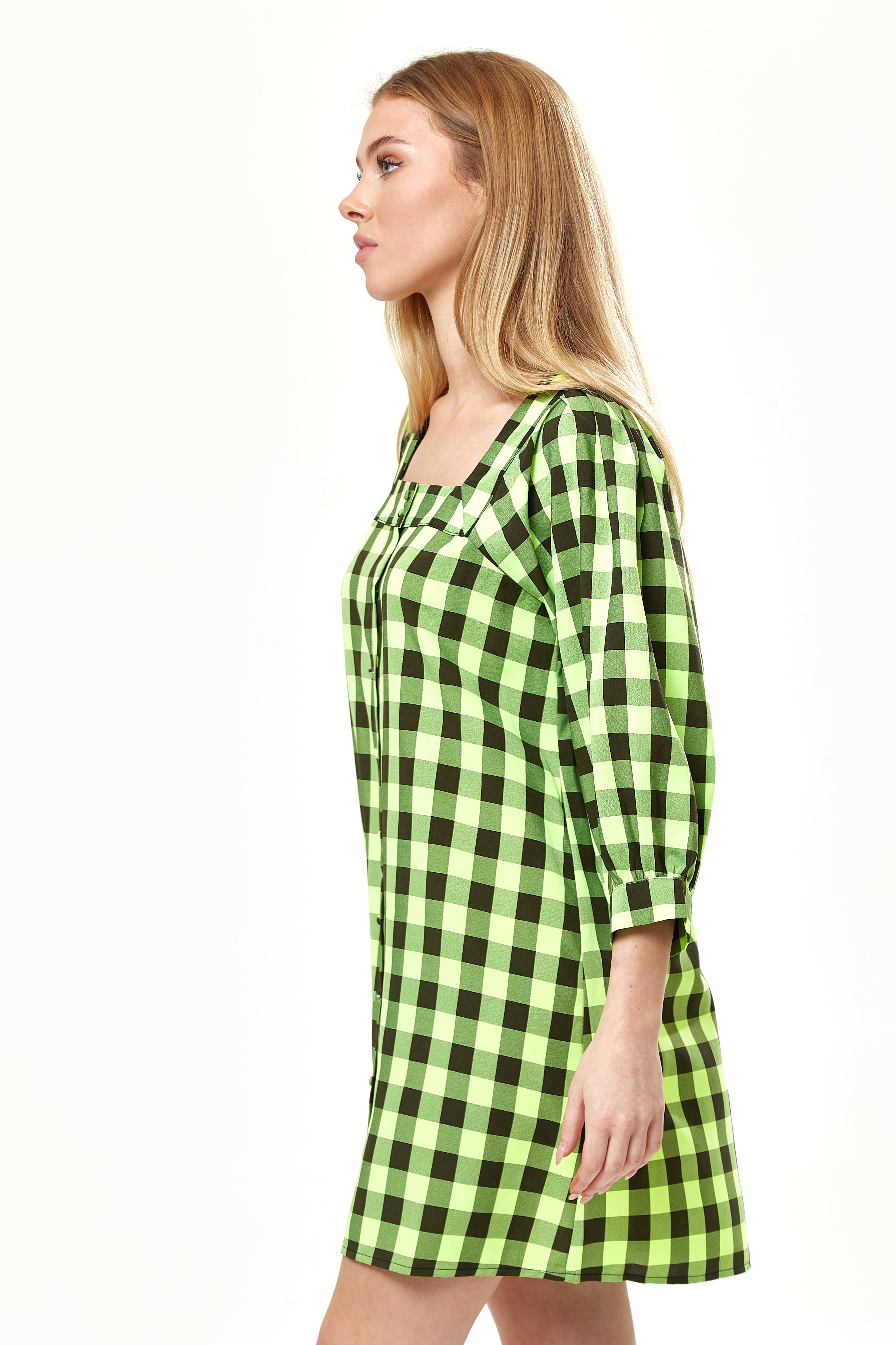 Women’s Mini Dress with Puff Sleeves in Neon Green Gingham, Button-Up Front, Oversized Fit, Playful and Chic