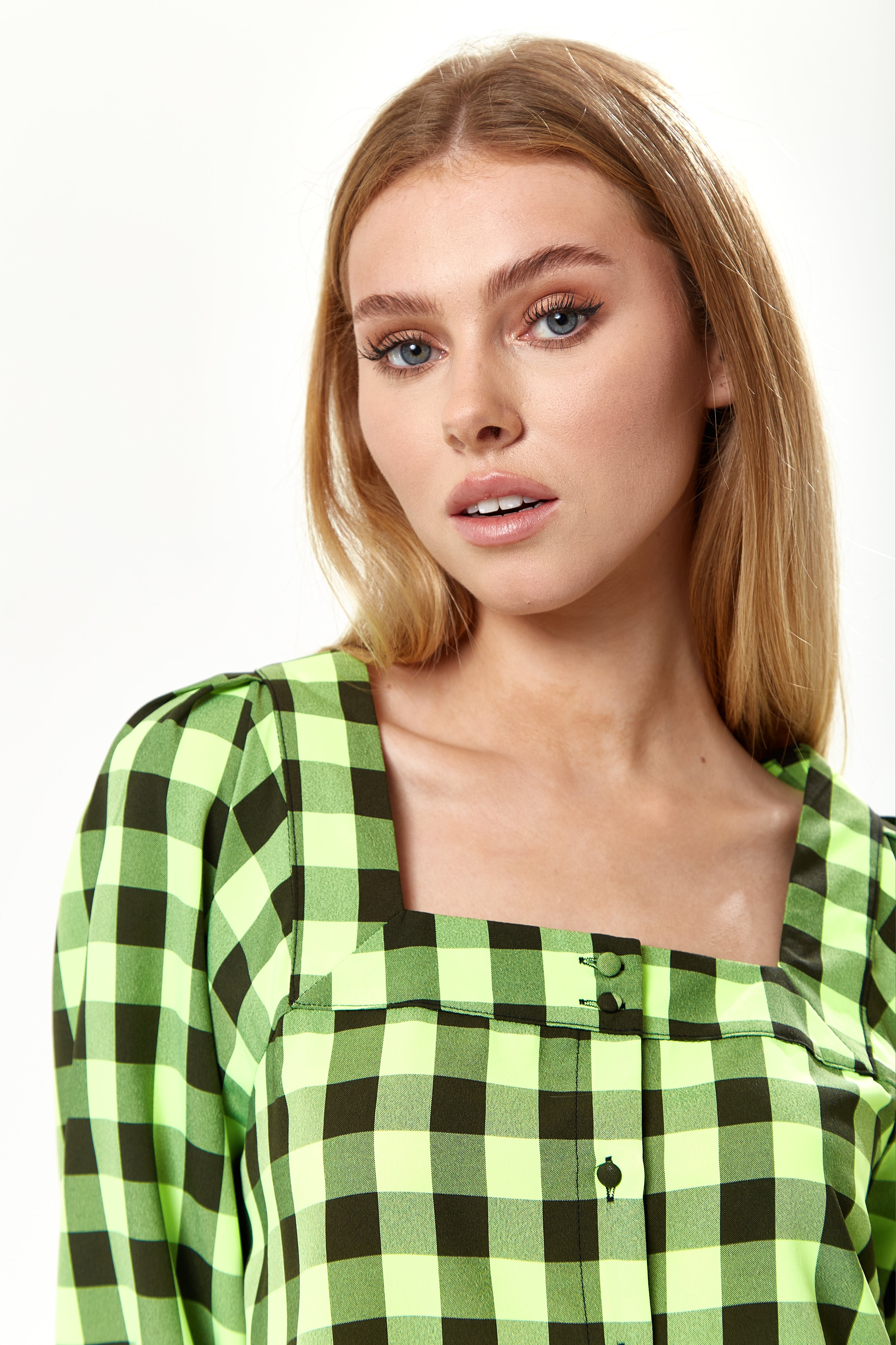 Women’s Mini Dress with Puff Sleeves in Neon Green Gingham, Button-Up Front, Oversized Fit, Playful and Chic