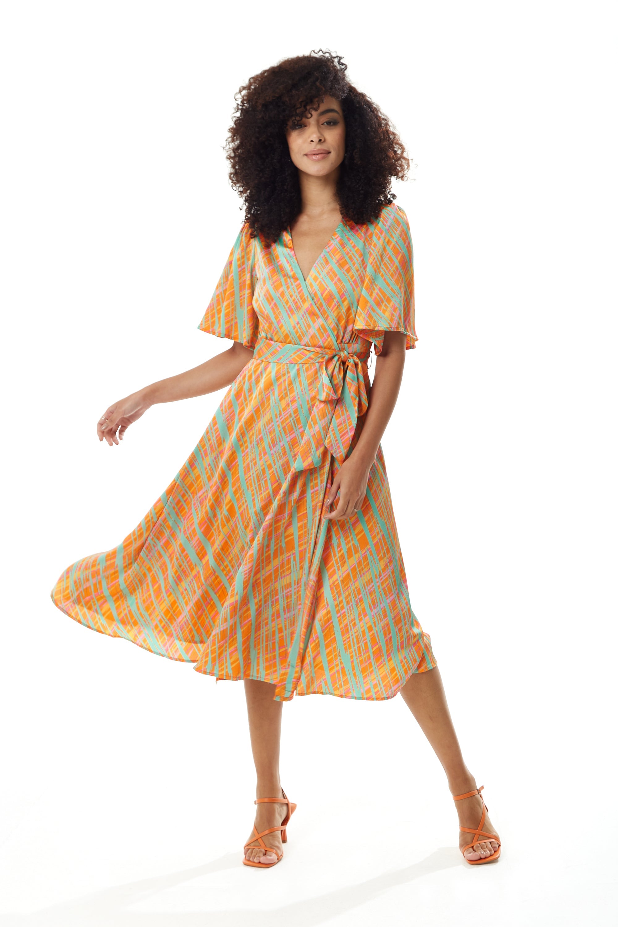 Women's Midi Wrap Dress in Orange Scribble Print with V Neck and Kimono Sleeves - Perfect for Weddings by Liquorish