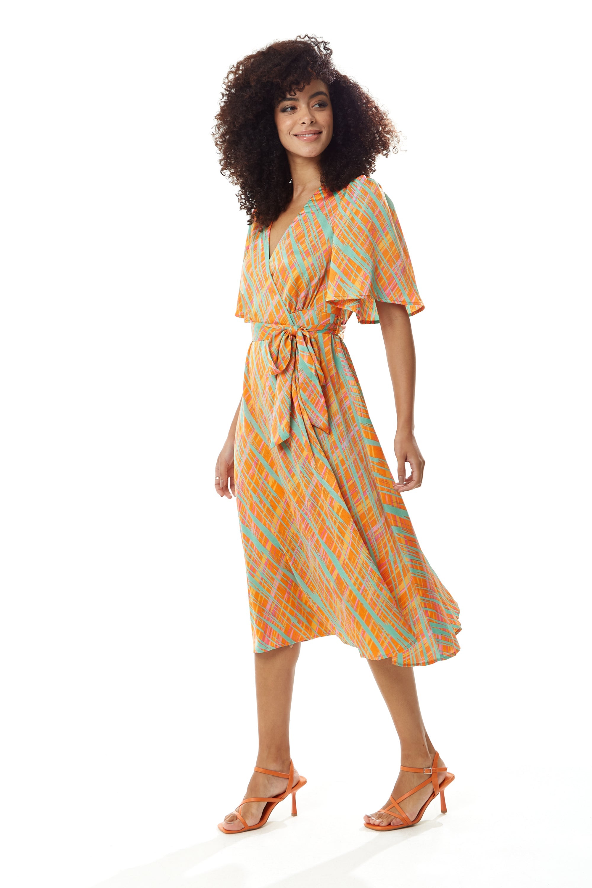 Women's Midi Wrap Dress in Orange Scribble Print with V Neck and Kimono Sleeves - Perfect for Weddings by Liquorish
