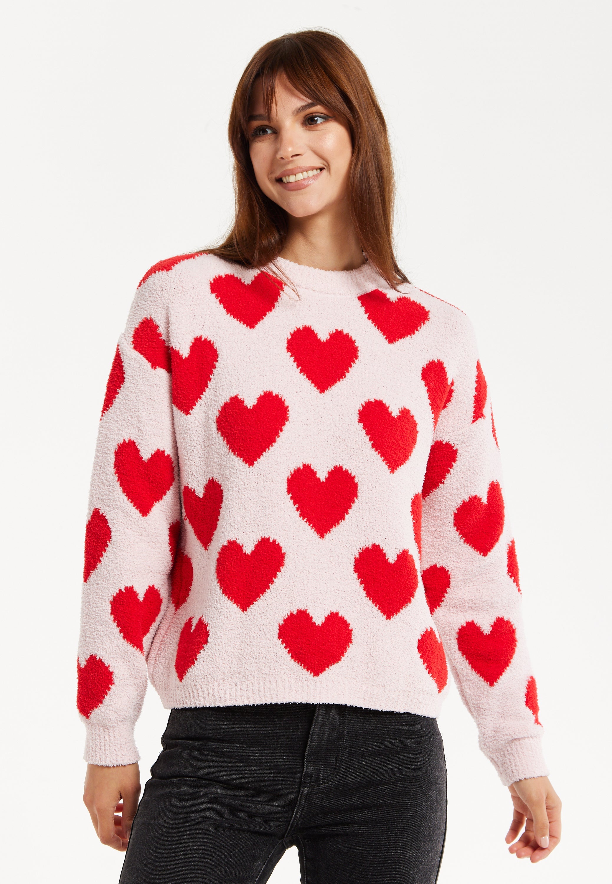 Women's Red Heart-Print Knit Jumper with Long Sleeves - Cozy and Playful Liquorish Design