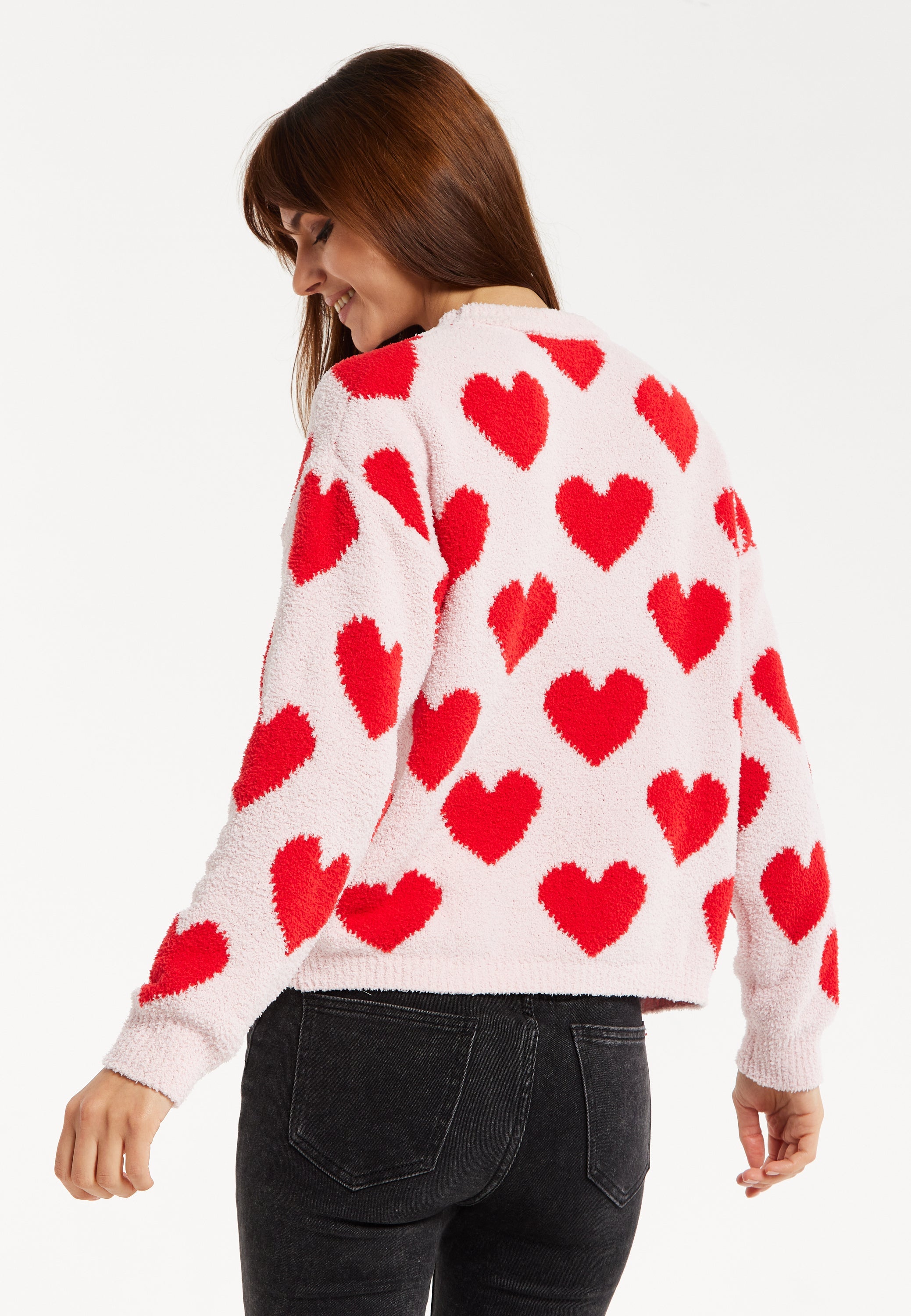 Women's Red Heart-Print Knit Jumper with Long Sleeves - Cozy and Playful Liquorish Design