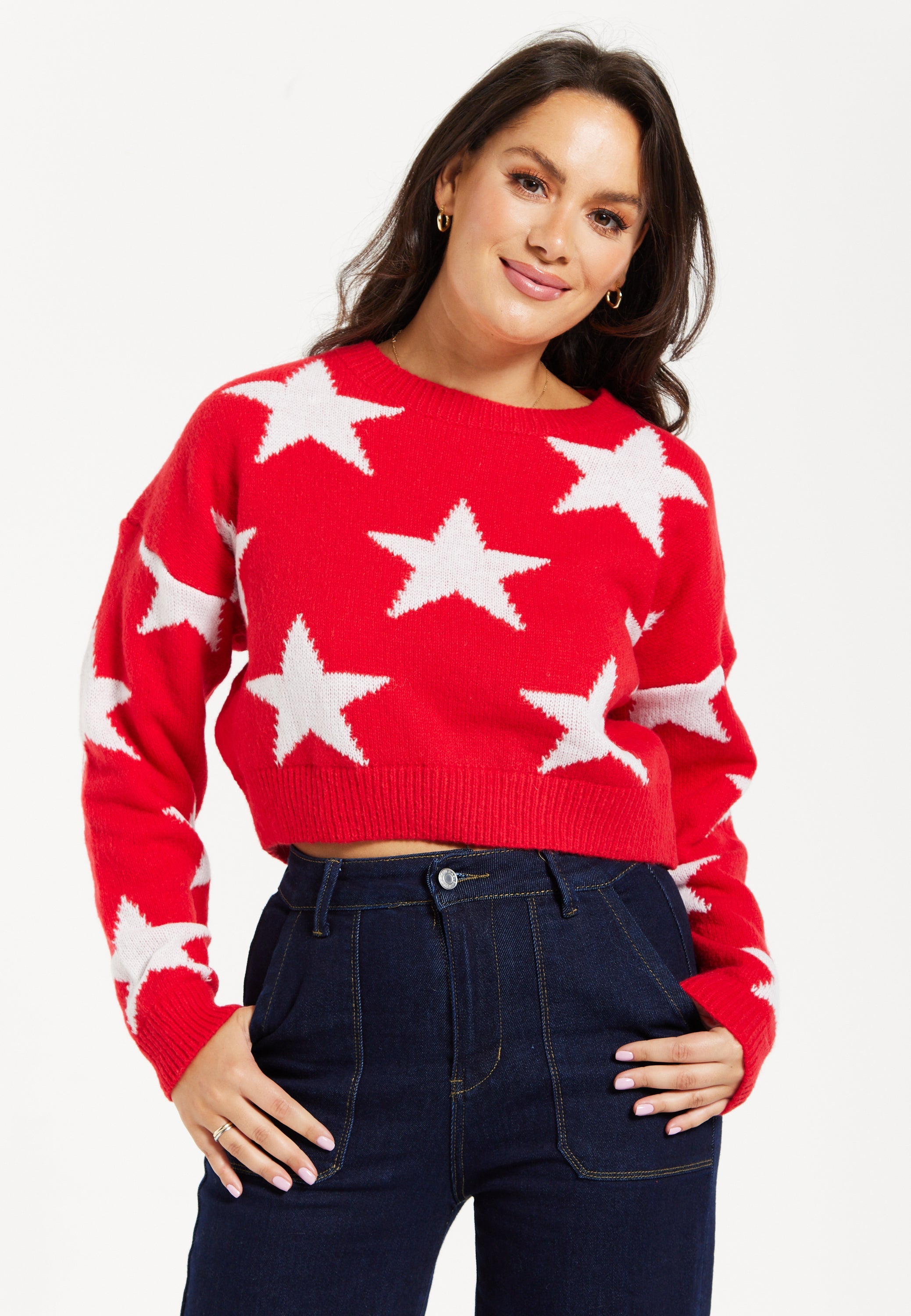 Women's Red Cropped Long Sleeve Jumper with Unique Star Pattern by Liquorish