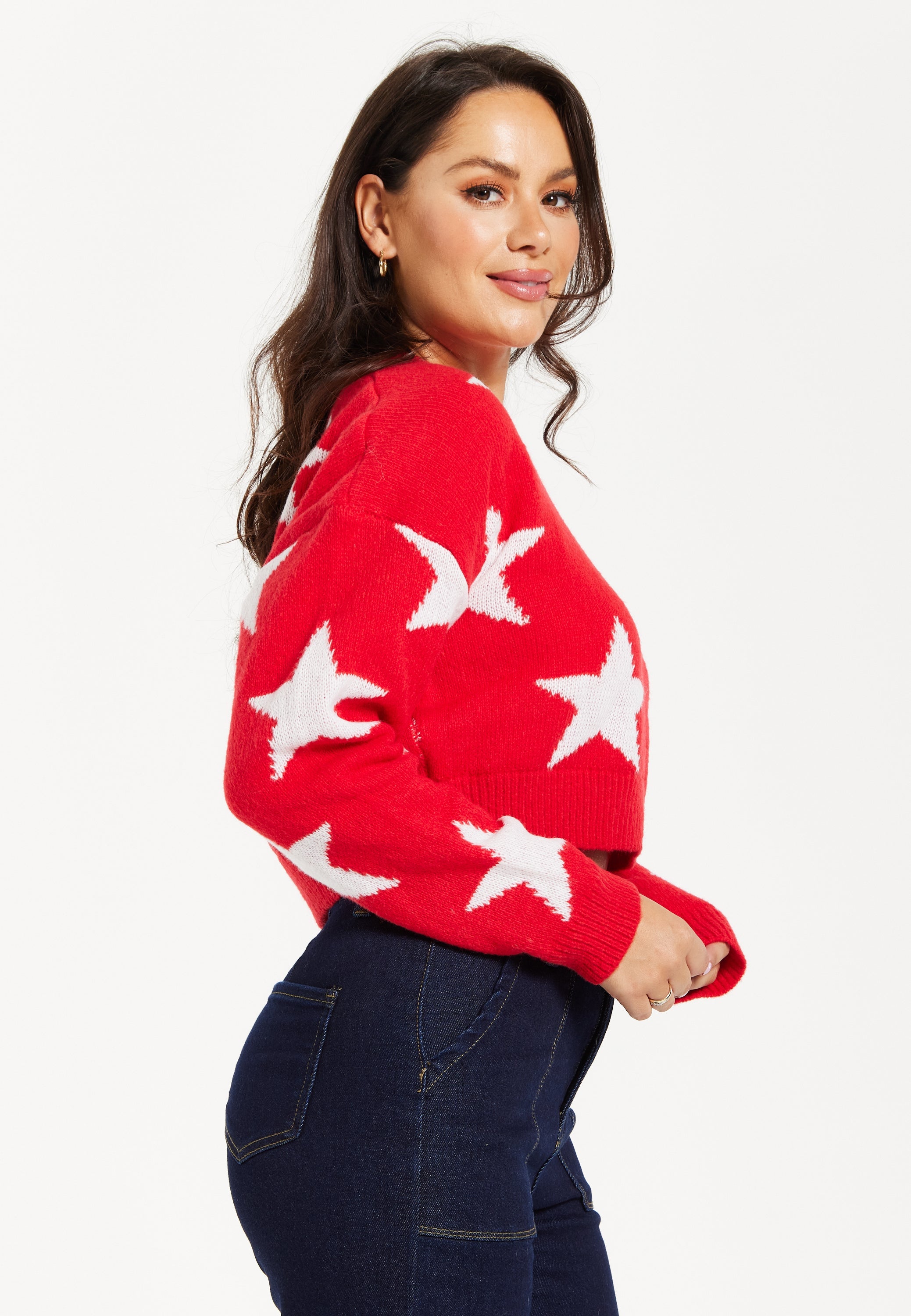 Women's Red Cropped Long Sleeve Jumper with Unique Star Pattern by Liquorish