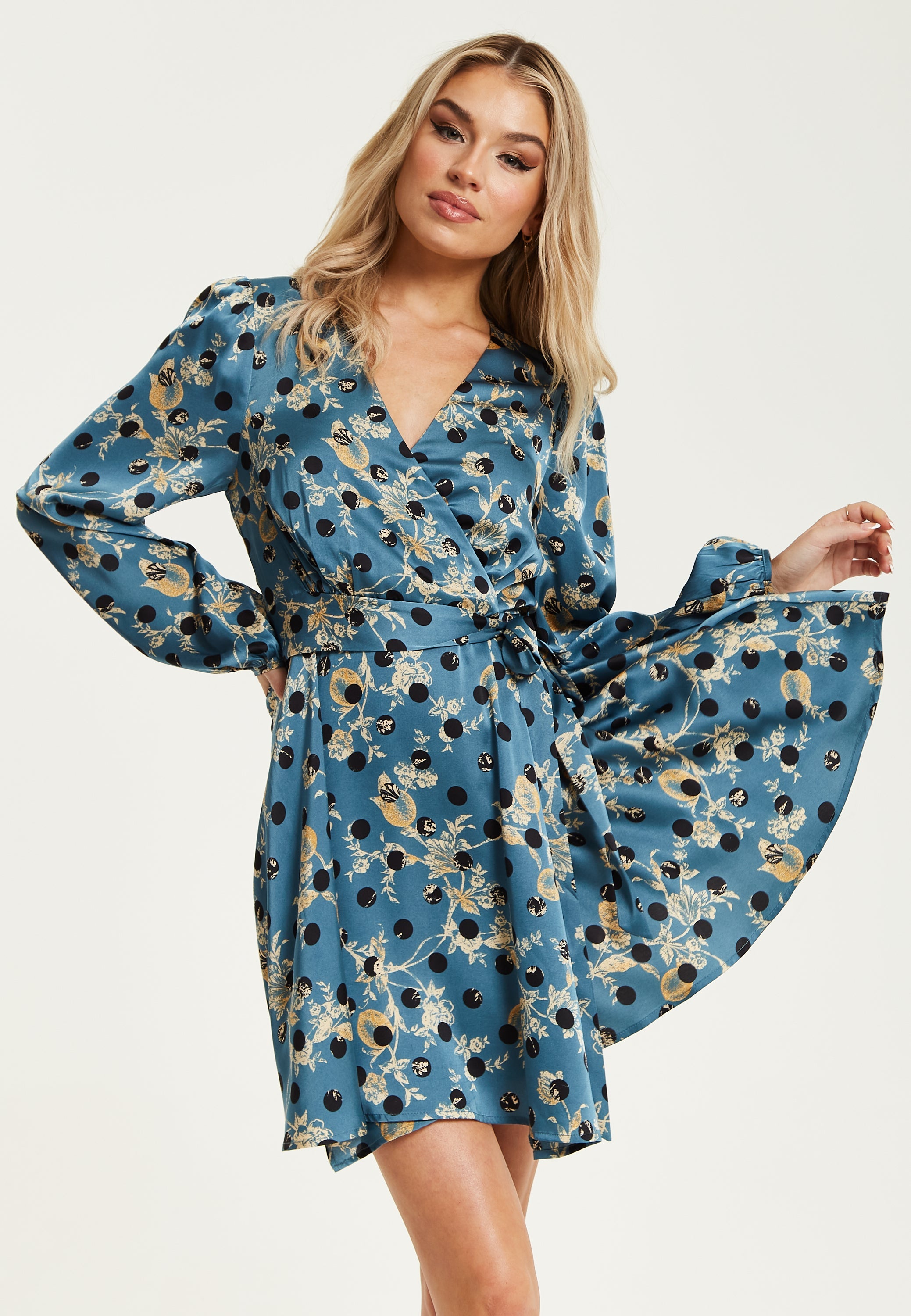 Women's Mini Dress in Petrol Blue with Long Sleeves, Floral and Polka Dot Print Wrap Style by Liquorish