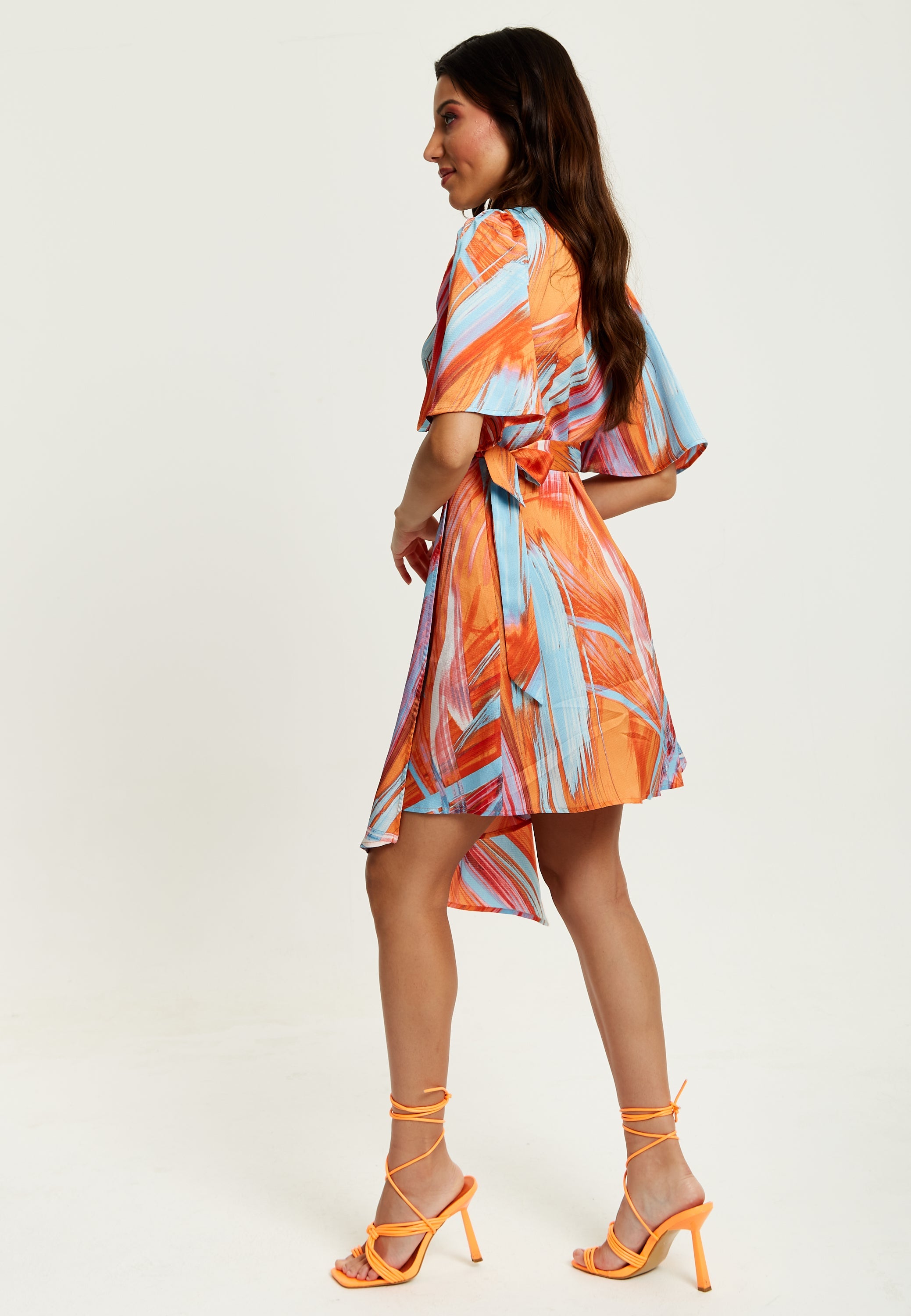 Women's Midi Wrap Dress in Orange with V Neck, Kimono Sleeves, and Abstract Print - Stylish Design by Liquorish