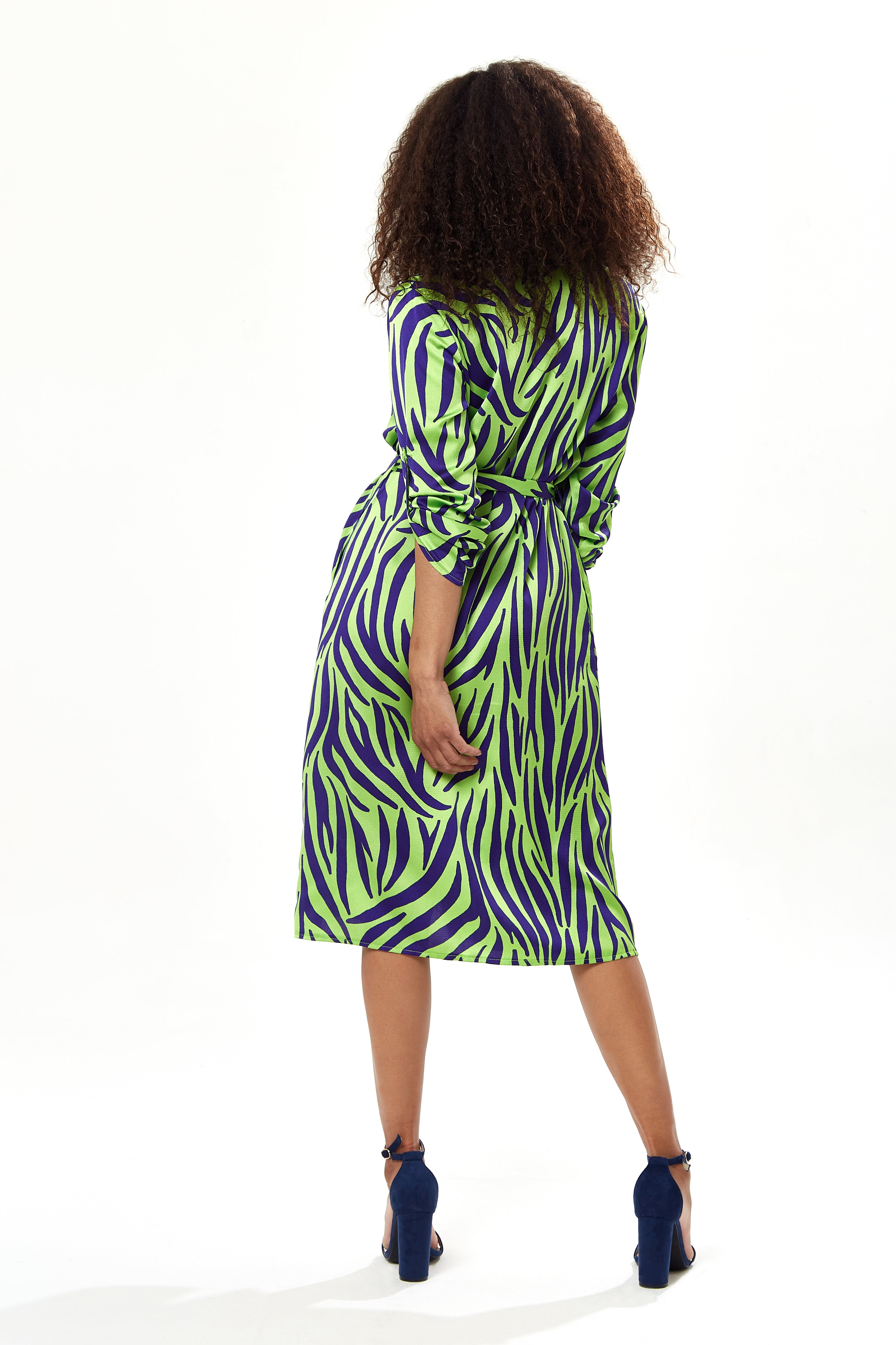 Women's Midi Dress in Mint and Blue Zebra Print with Long Sleeves - Stylish Elegance by Liquorish
