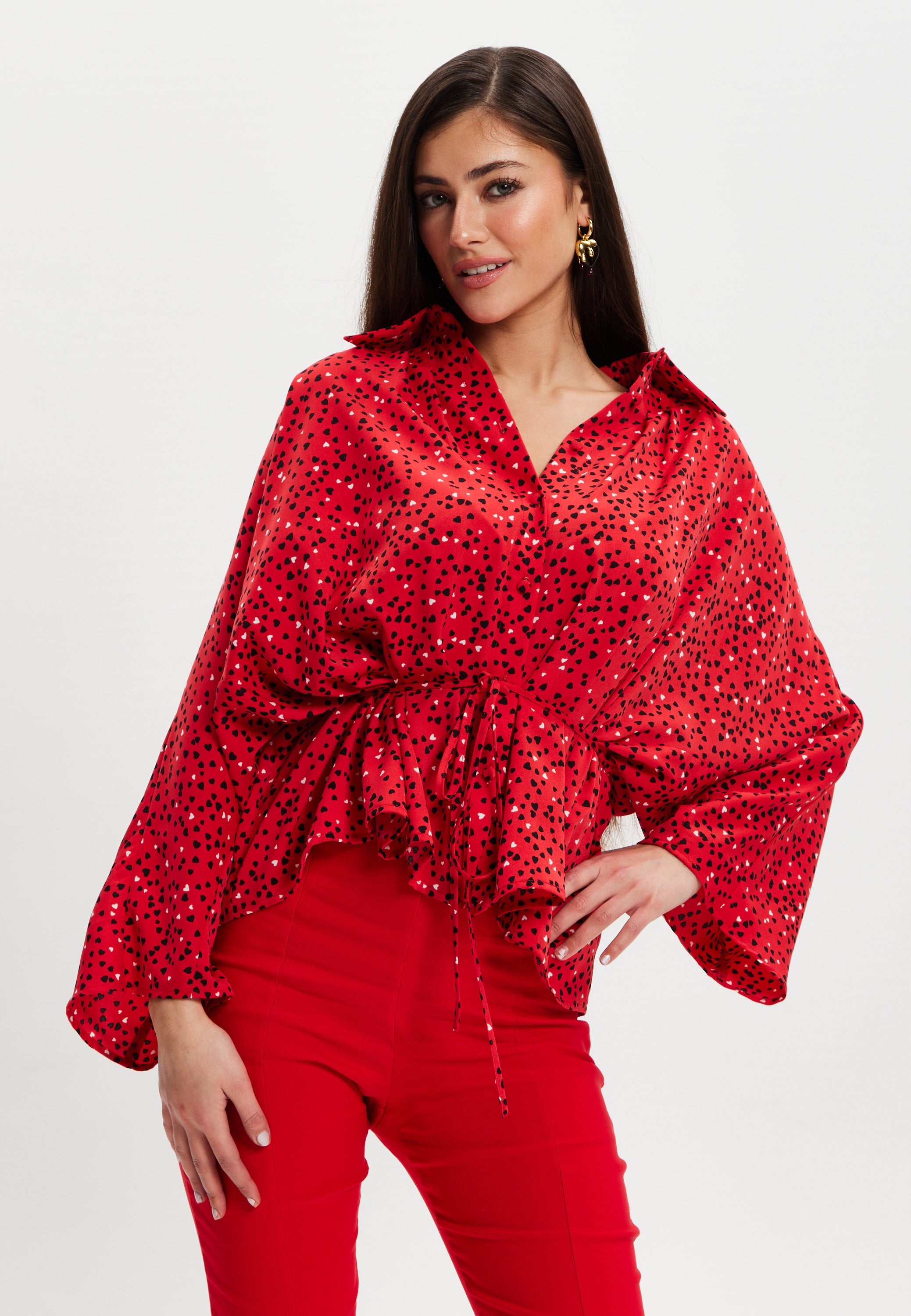 Women’s Heart Print Shirt with Long Sleeves, Tie Waist, Shirt Collar, Regular Fit, Button Up Front