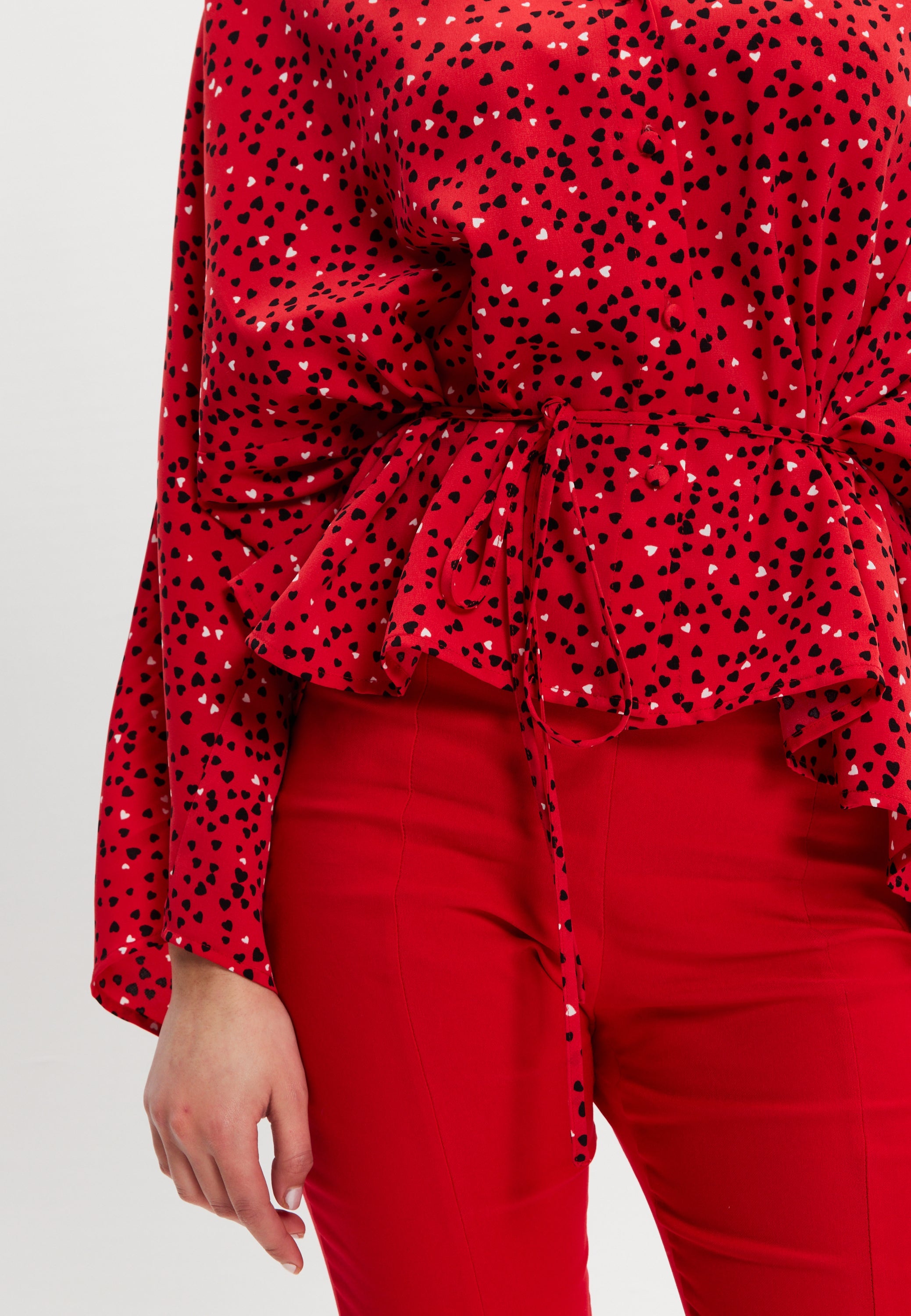 Women’s Heart Print Shirt with Long Sleeves, Tie Waist, Shirt Collar, Regular Fit, Button Up Front