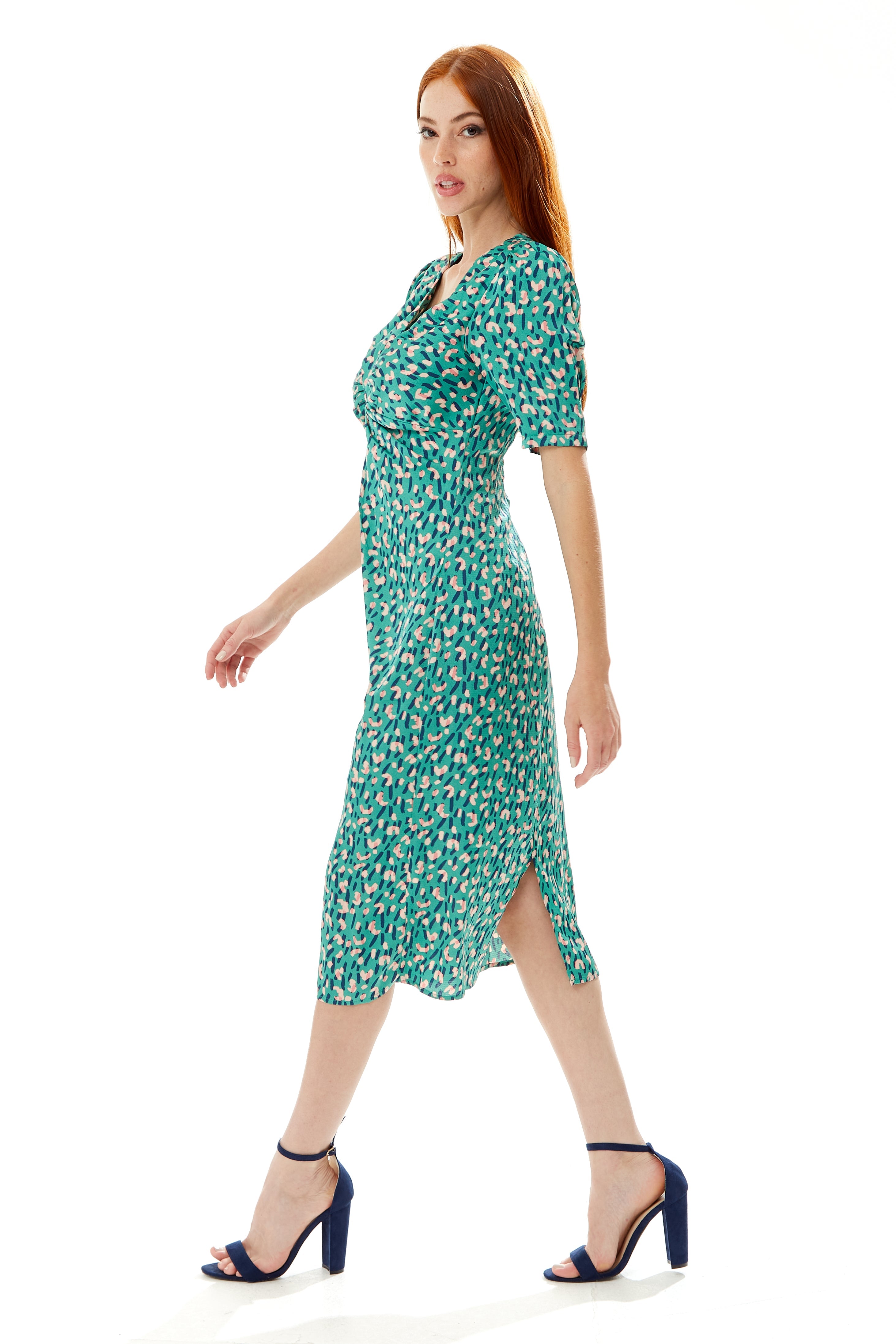 Women's Midi Wrap Dress with Short Sleeves and Daring Front Slit in Green - Liquorish