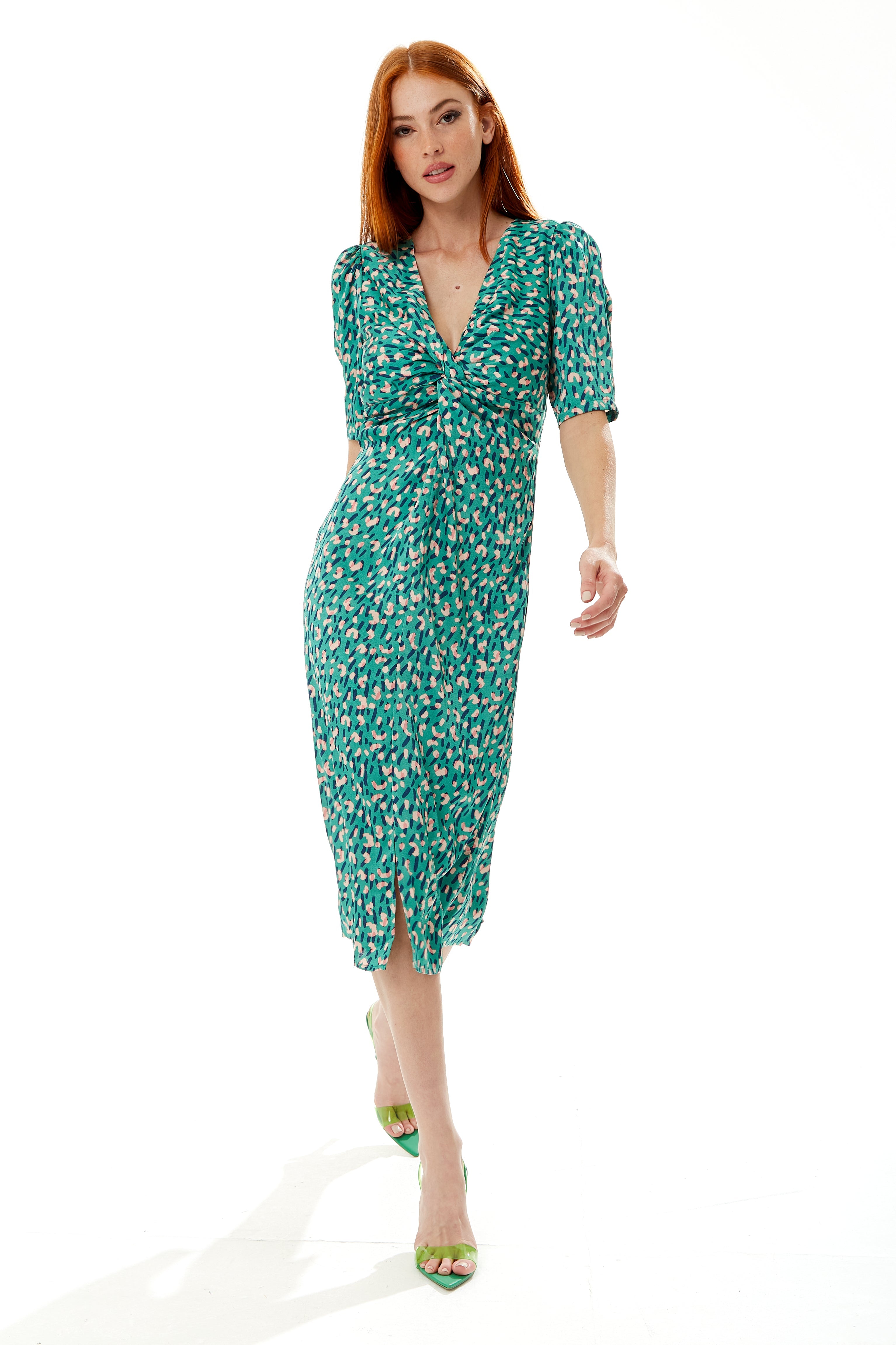 Women's Midi Wrap Dress with Short Sleeves and Daring Front Slit in Green - Liquorish