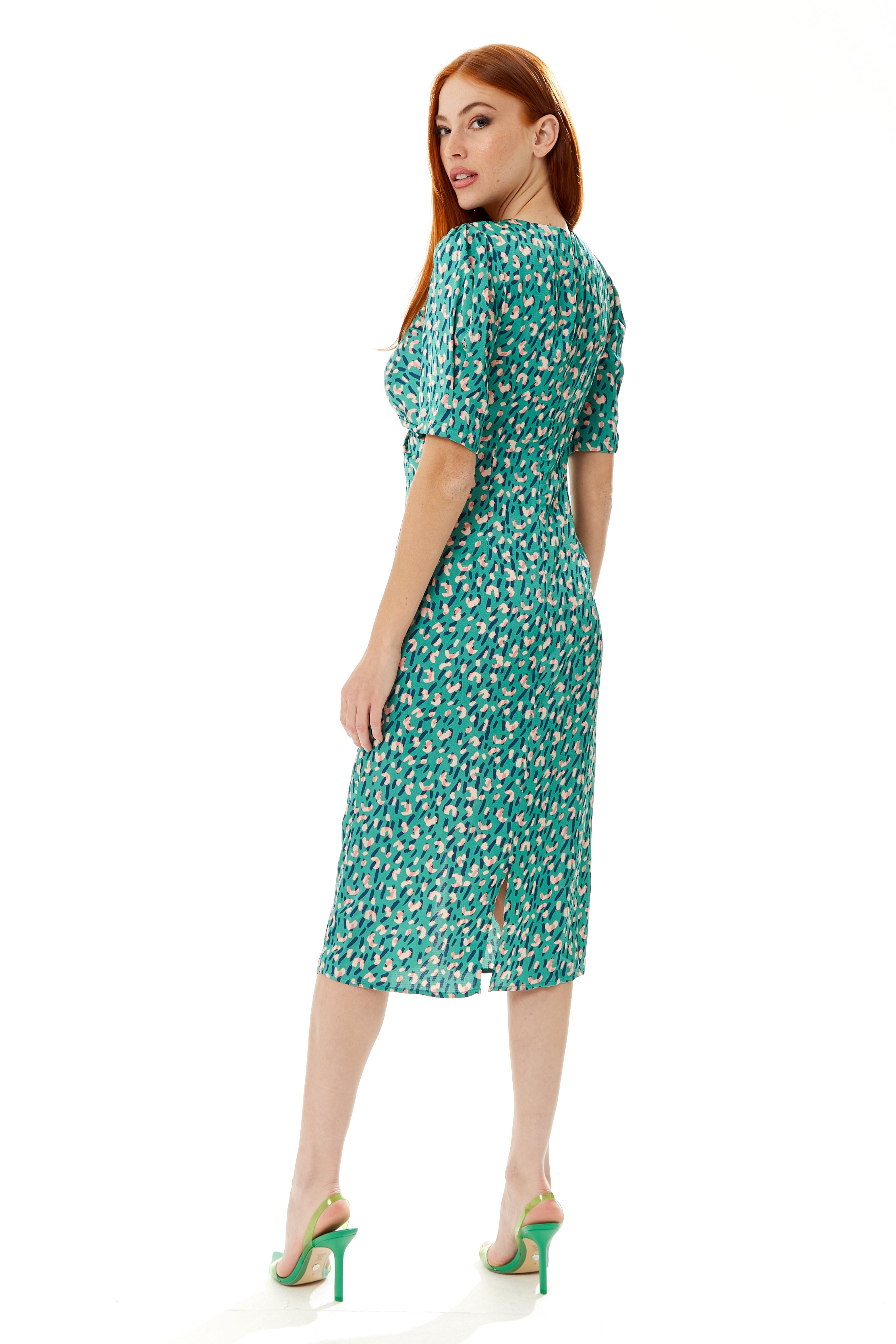 Women's Midi Wrap Dress with Short Sleeves and Daring Front Slit in Green - Liquorish