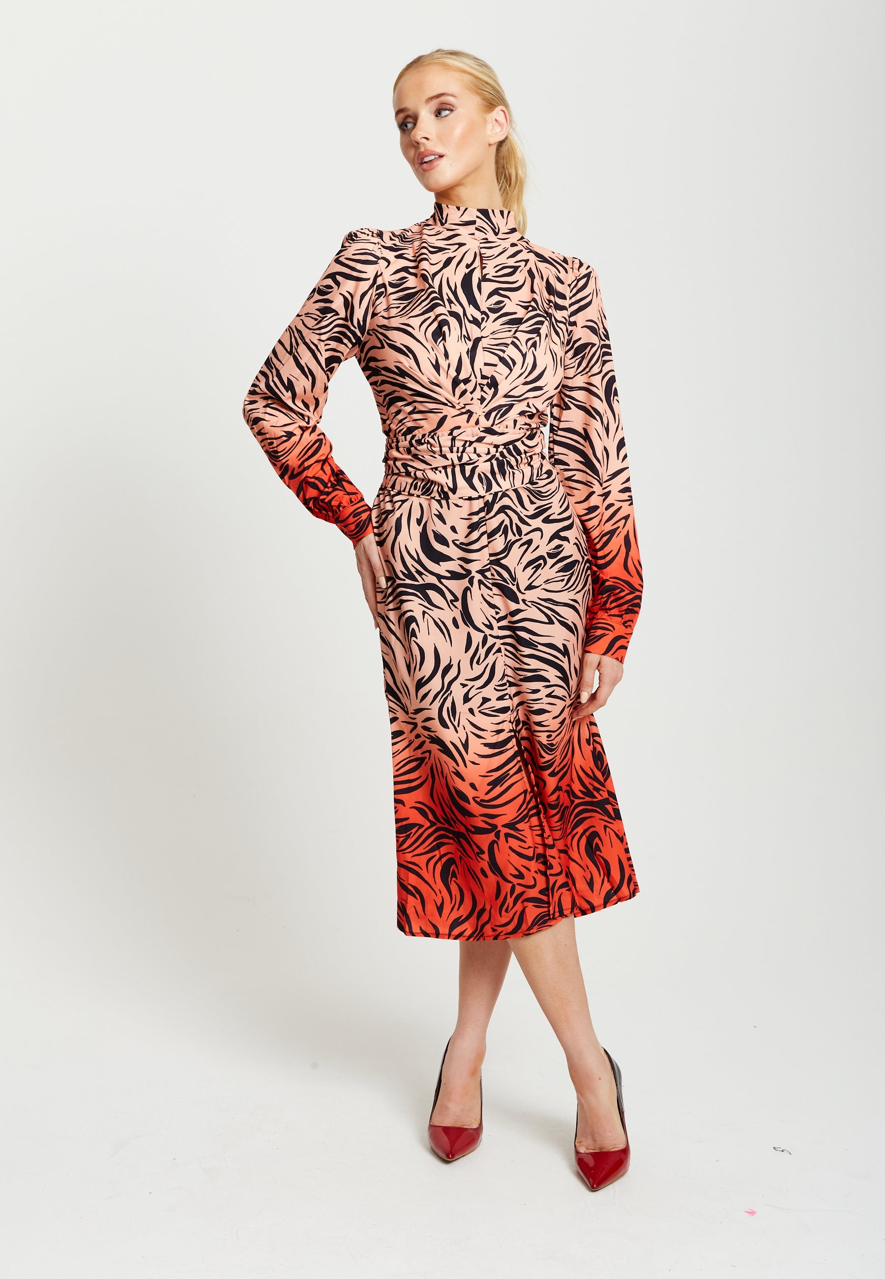 Women’s Midi Dress in Orange and Nude with Long Sleeves and Draped Waist Detail, Liquorish