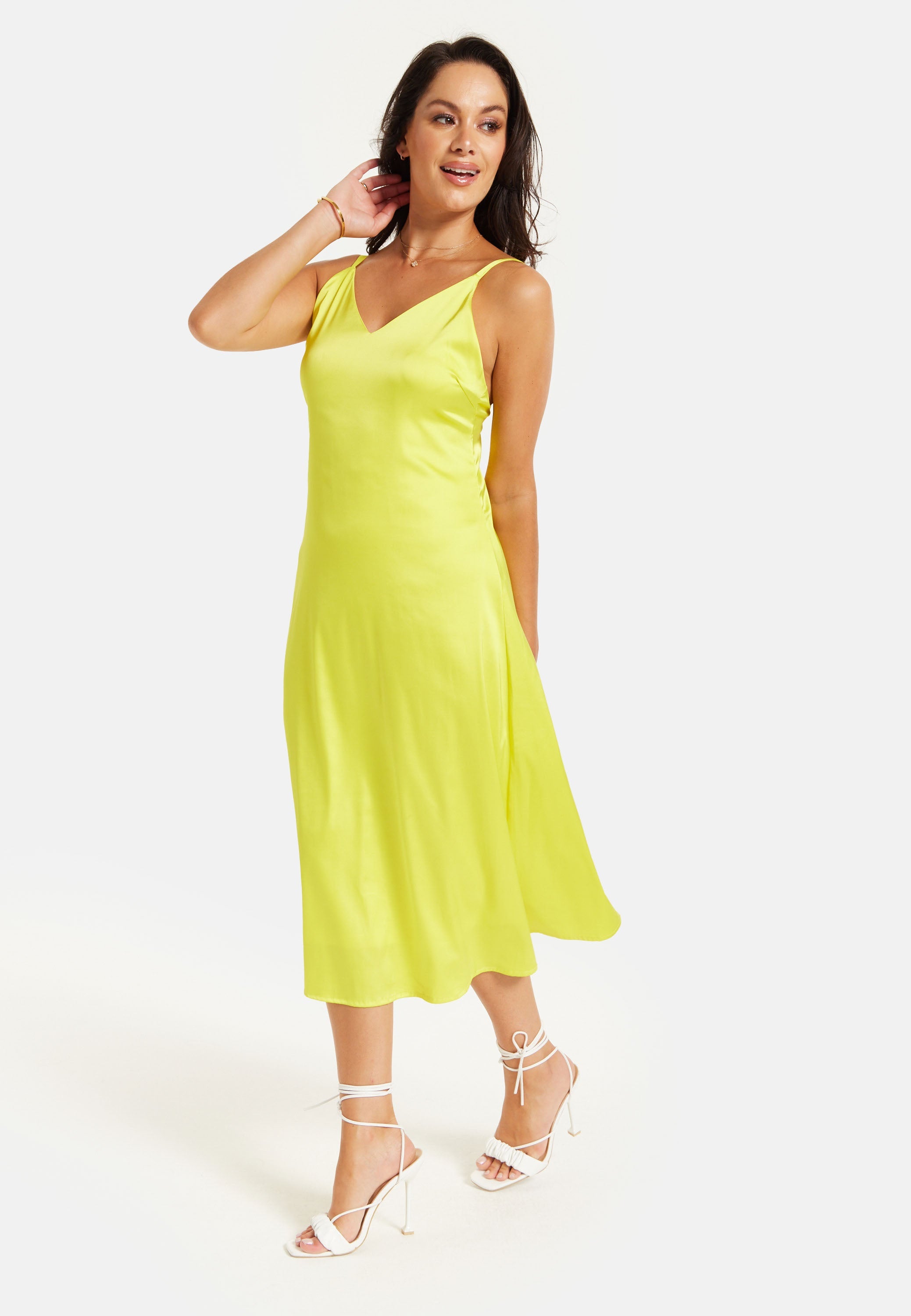 Women's Midi Dress in Yellow Satin with Spaghetti Straps and Deep V Neck - Liquorish