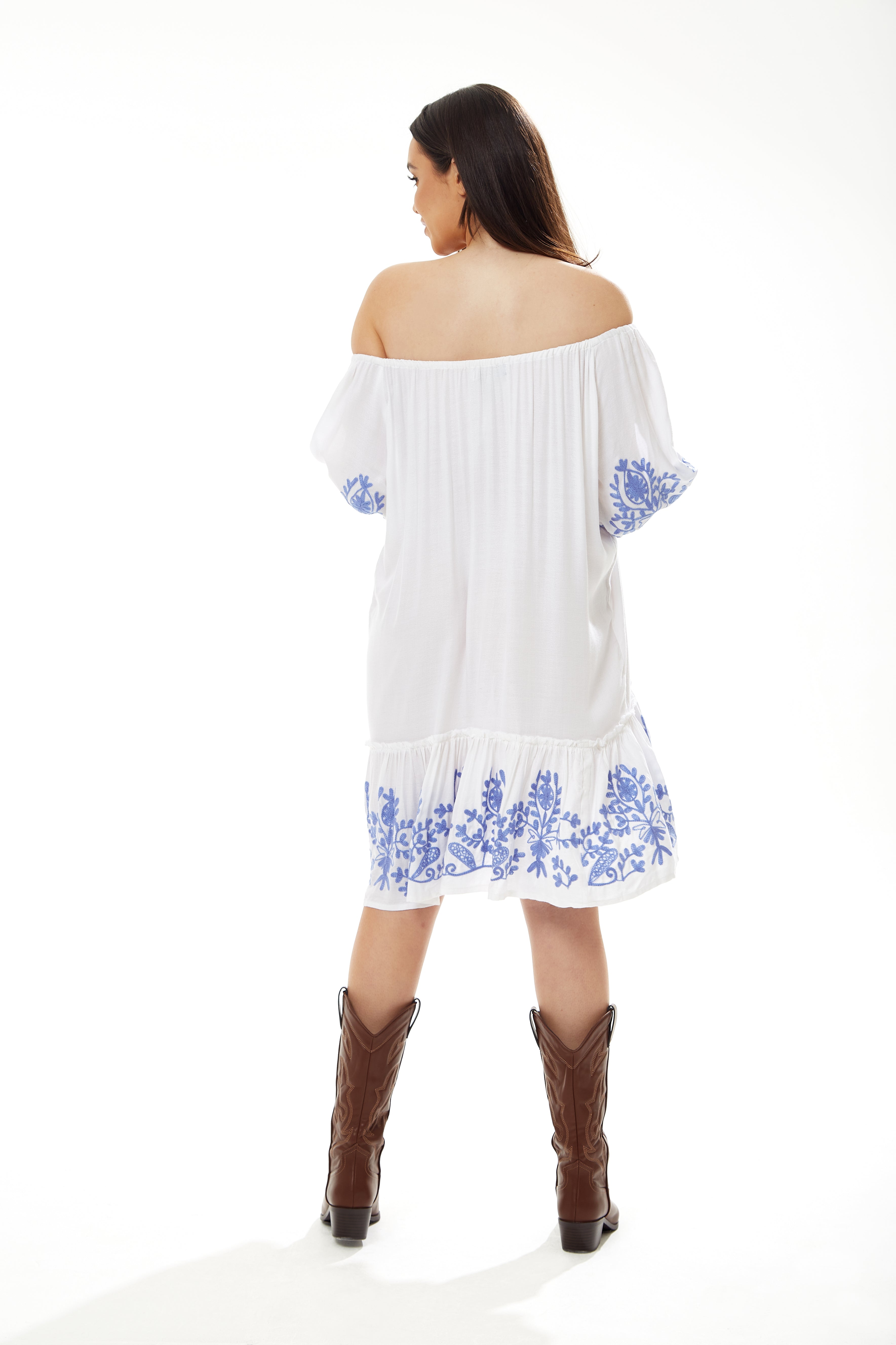 Women's Mini Dress in White with 3/4 Sleeves and Blue Floral Embroidery - Liquorish