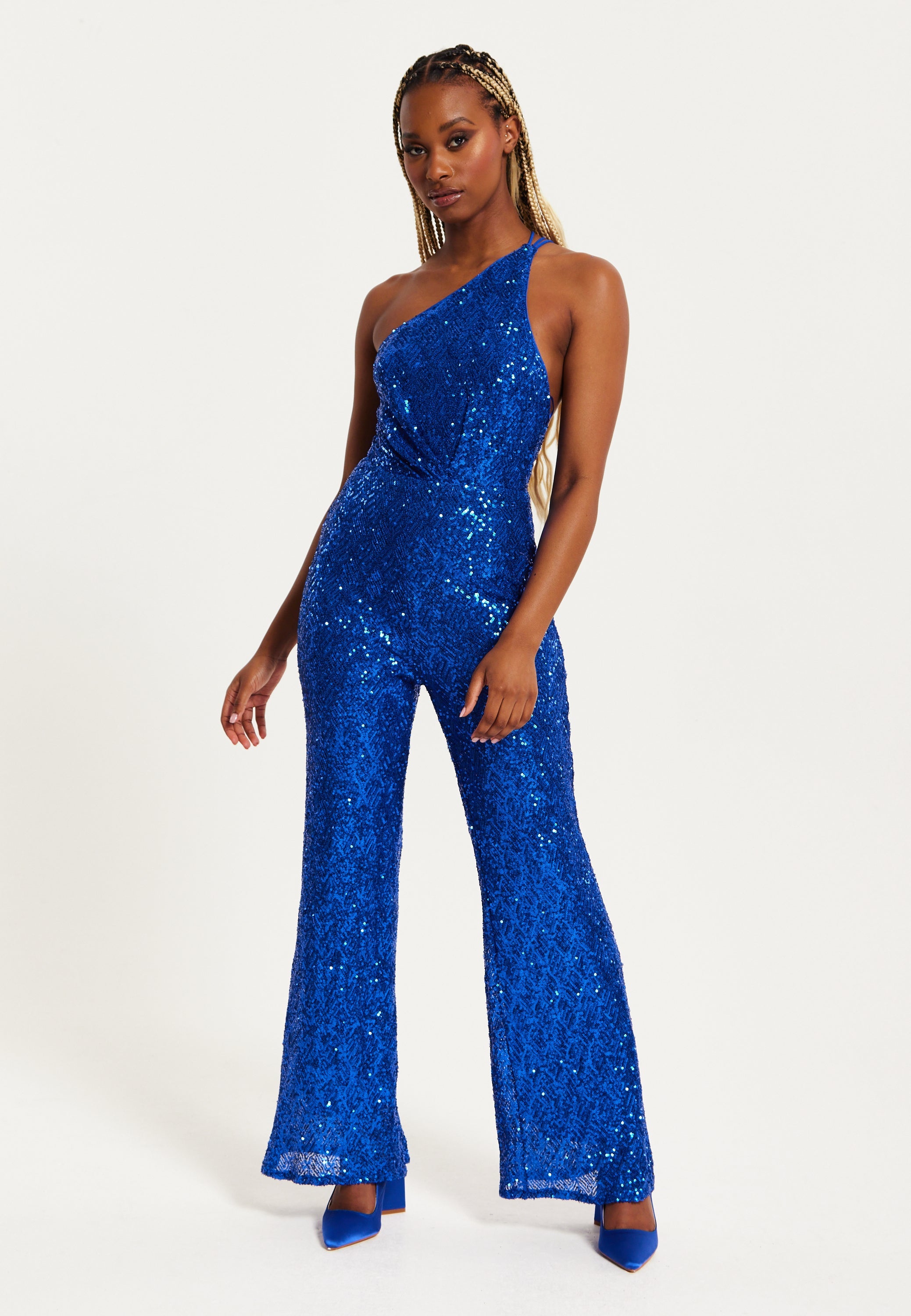 Women's Royal Blue One Shoulder Sequin Jersey Jumpsuit with Backless Design, Elasticated Waist, and Slim Fit