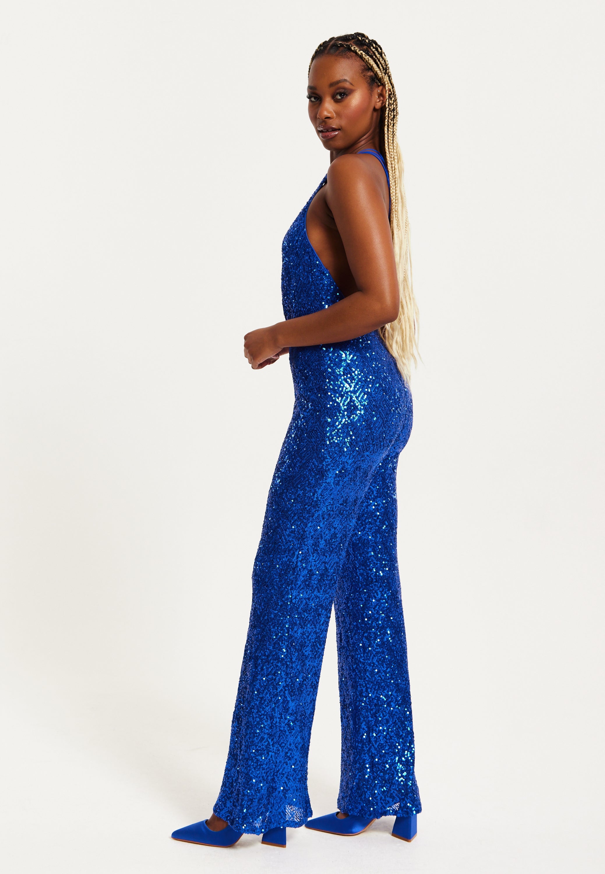 Women's Royal Blue One Shoulder Sequin Jersey Jumpsuit with Backless Design, Elasticated Waist, and Slim Fit