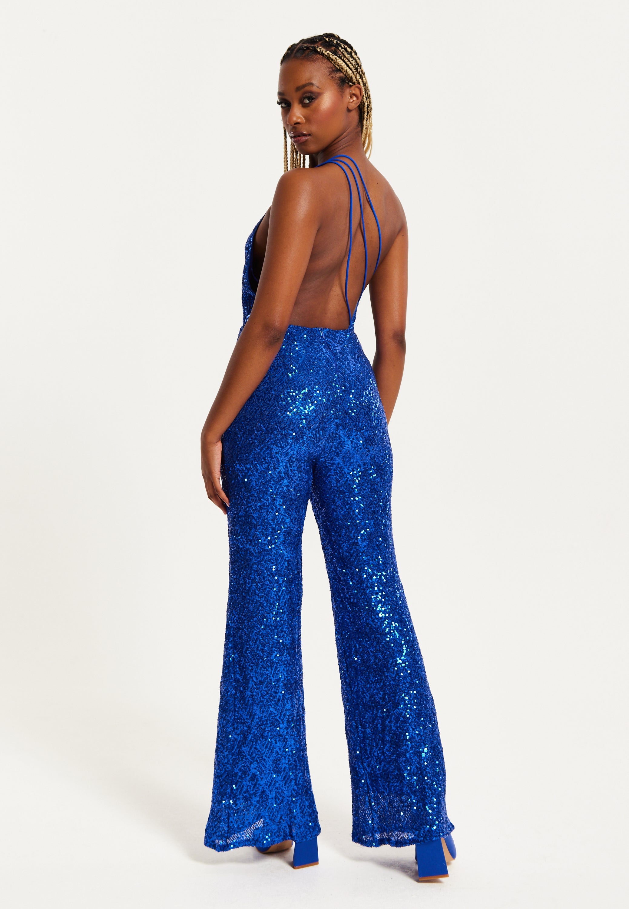 Women's Royal Blue One Shoulder Sequin Jersey Jumpsuit with Backless Design, Elasticated Waist, and Slim Fit