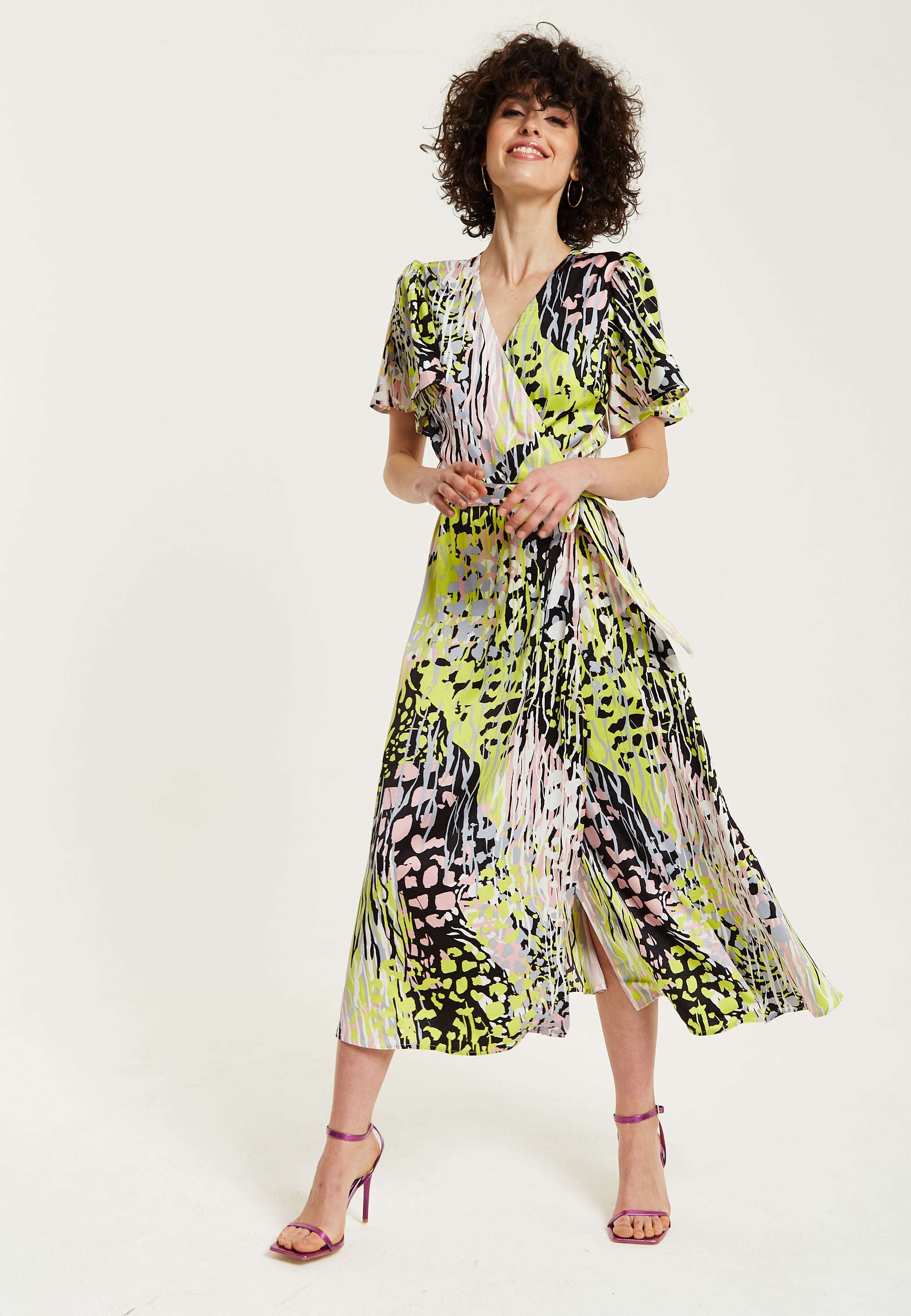 Women's Midi Wrap Dress in Vibrant Multicolour Abstract Print with Short Sleeves - Liquorish