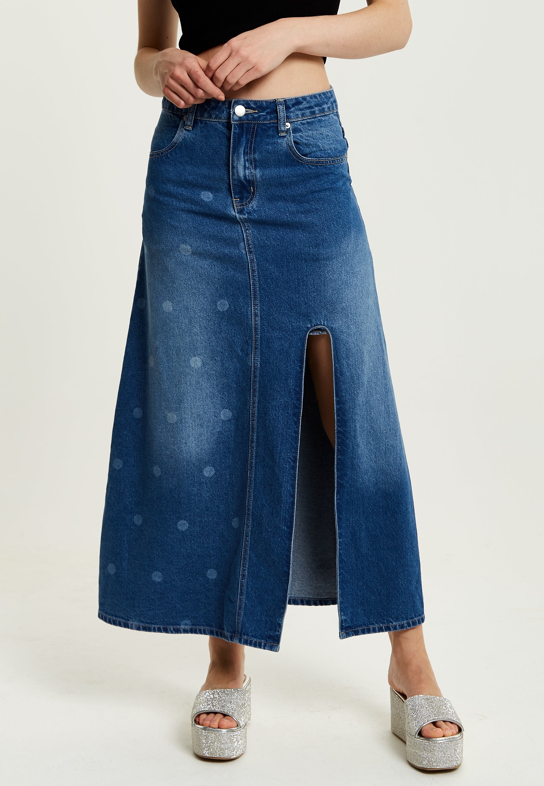 Women's Maxi Polka Dot Denim Skirt with Slit Detail and Belt Loops - 100% Cotton by Liquorish