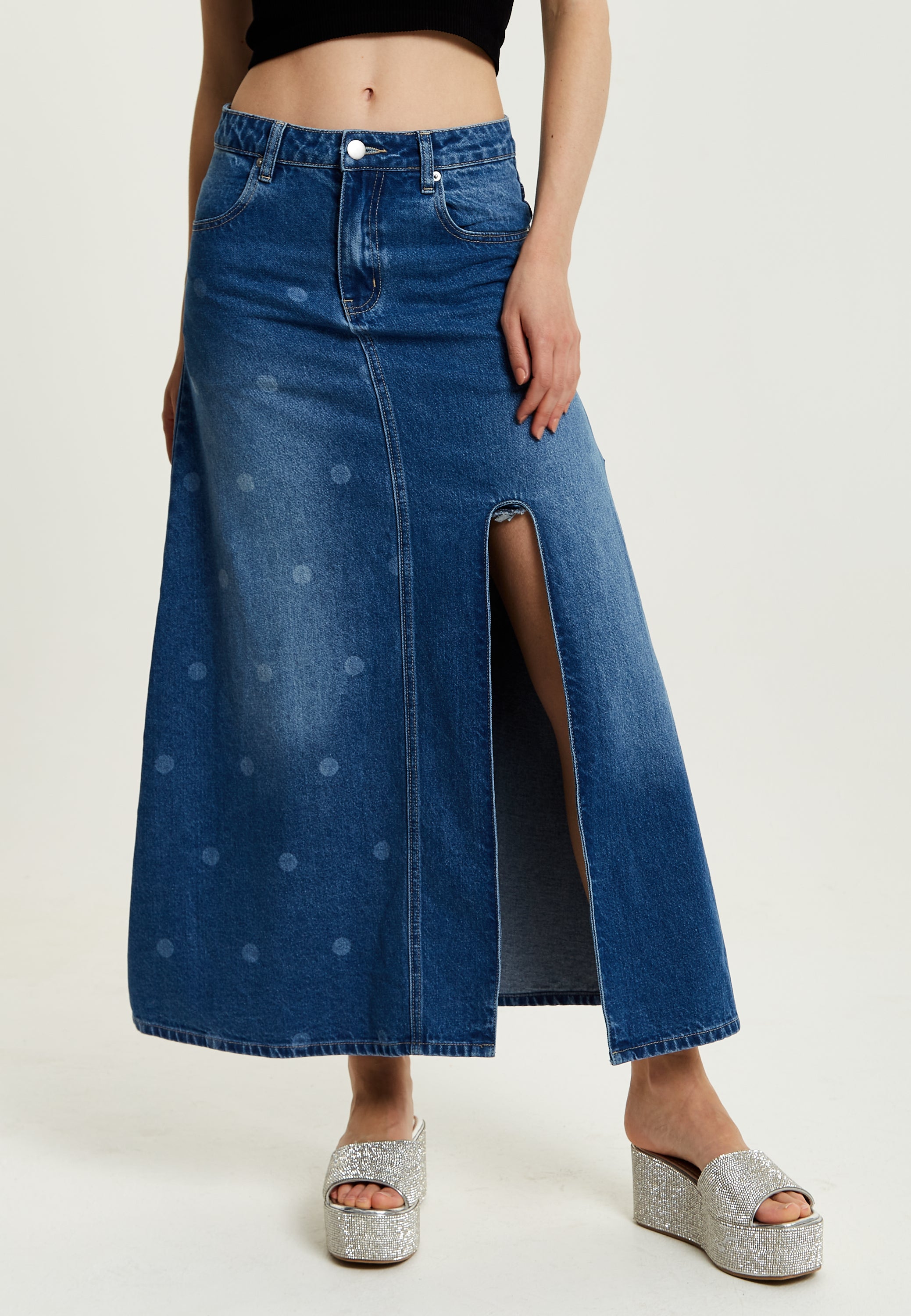 Women's Maxi Polka Dot Denim Skirt with Slit Detail and Belt Loops - 100% Cotton by Liquorish