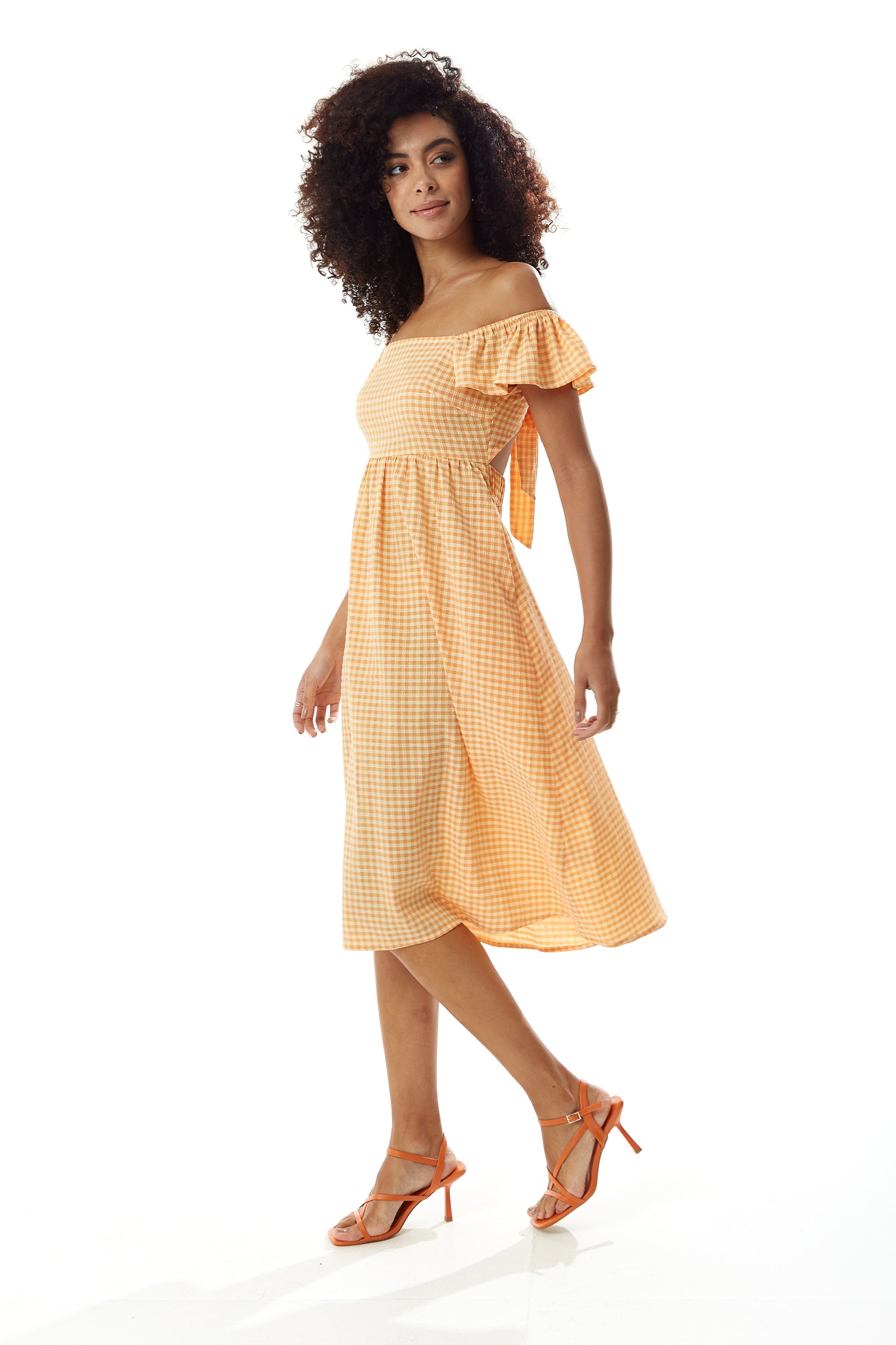 Women's Midi Dress with Frill Sleeves in Orange Gingham - Cut Out Back and Tie Detail by Liquorish