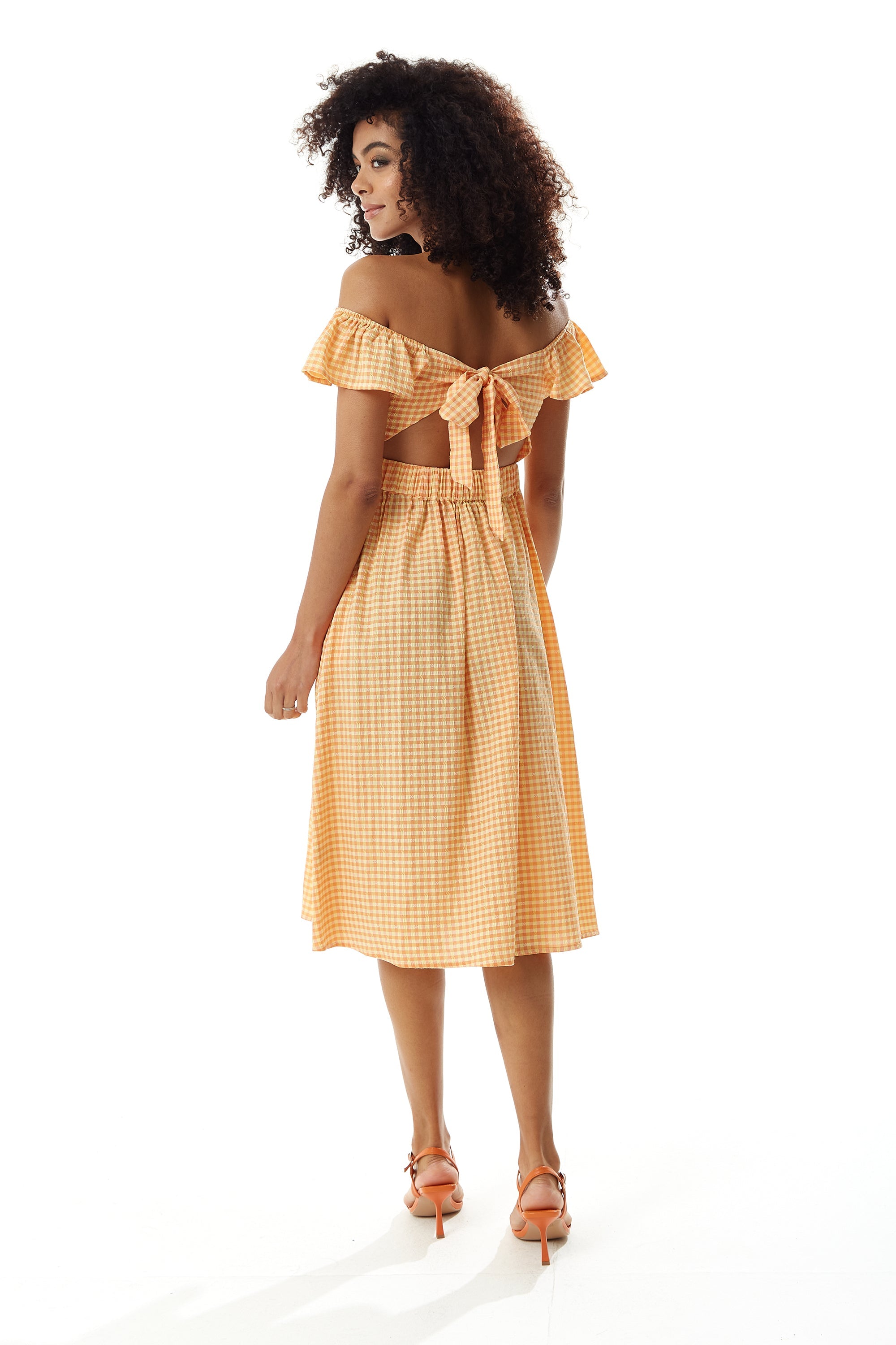 Women's Midi Dress with Frill Sleeves in Orange Gingham - Cut Out Back and Tie Detail by Liquorish