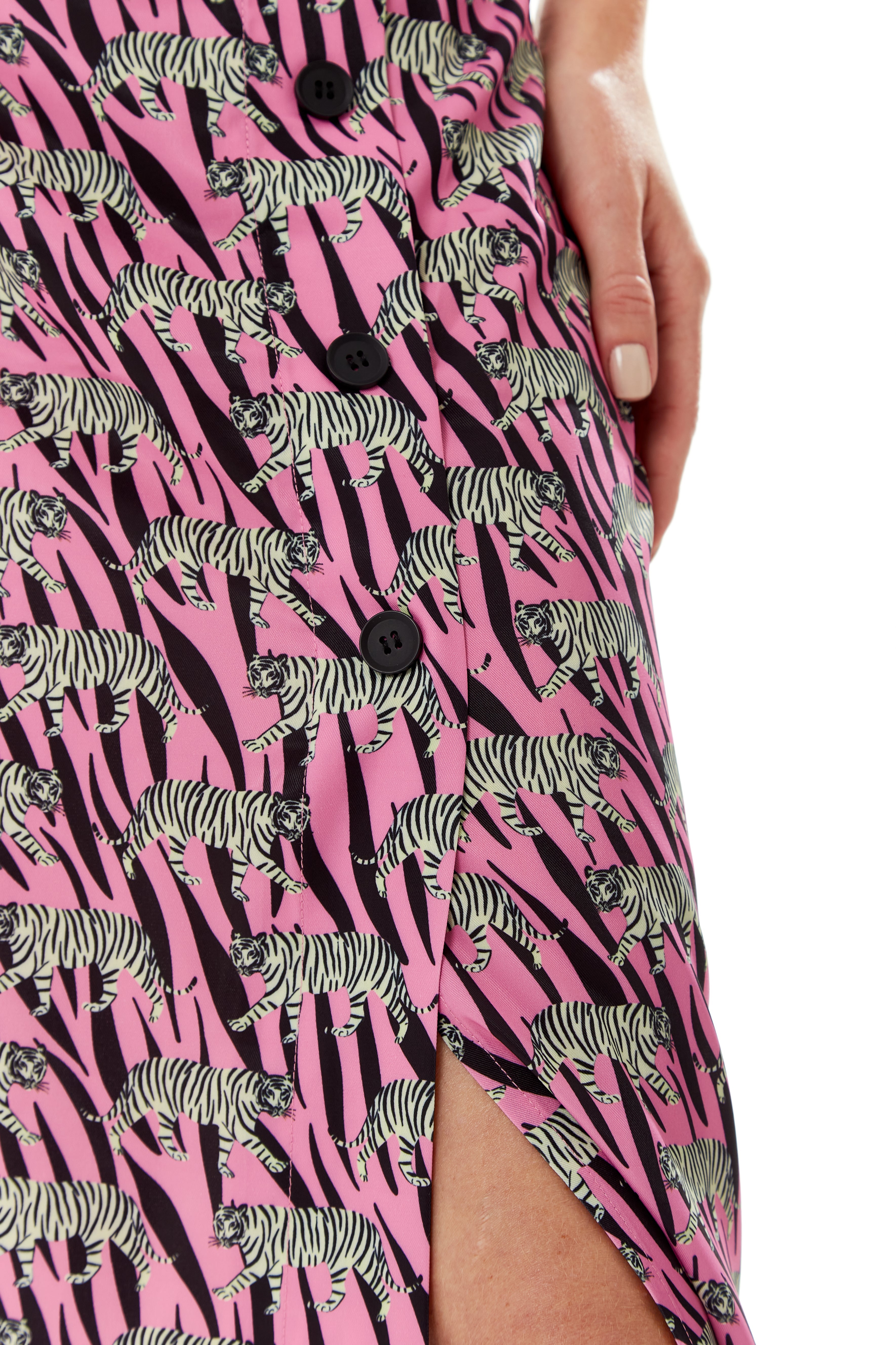 Women's Purple Midi Skirt with Mixed Animal Print, Front Buttons, Side Slit - Liquorish