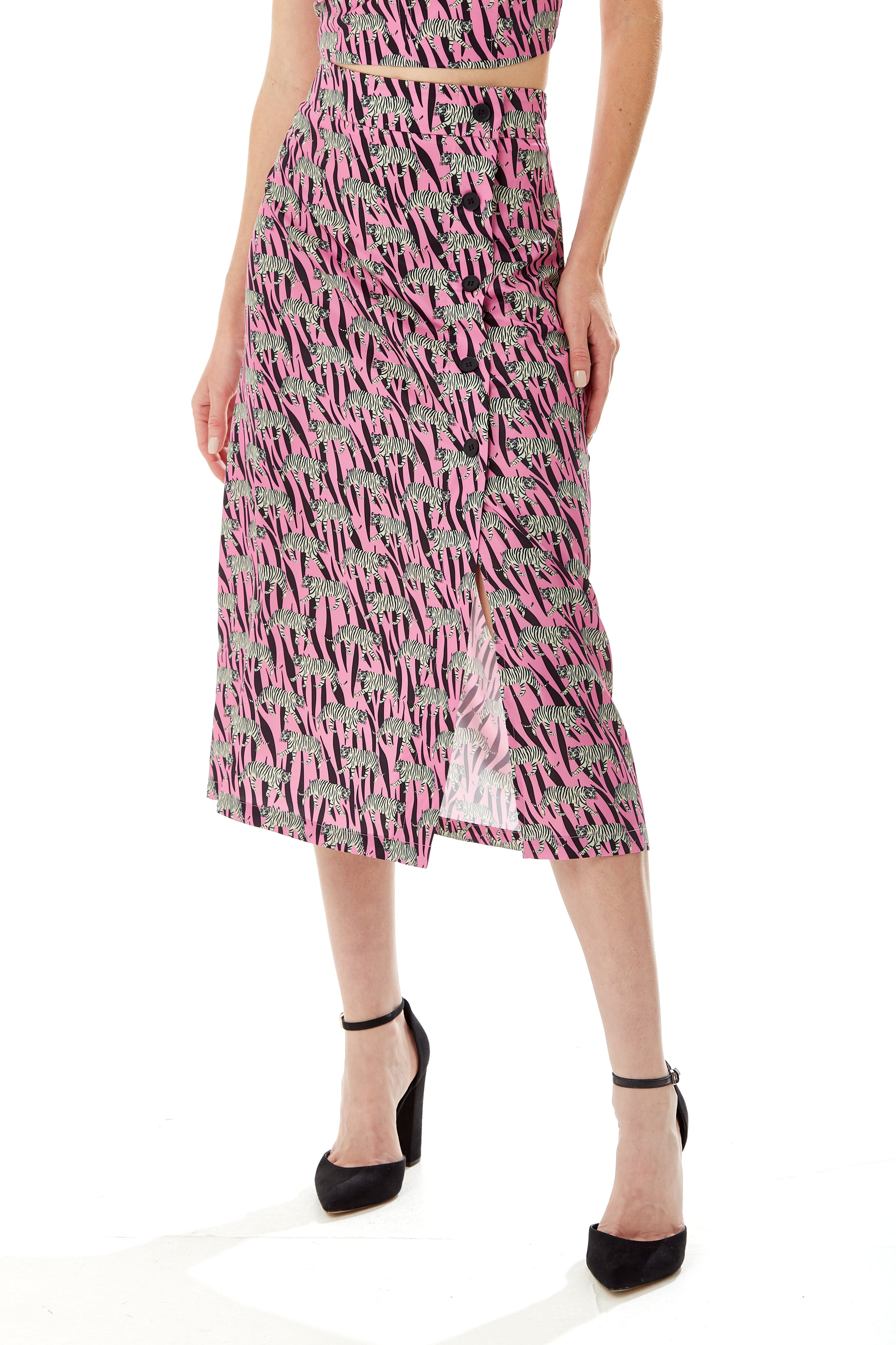 Women's Purple Midi Skirt with Mixed Animal Print, Front Buttons, Side Slit - Liquorish