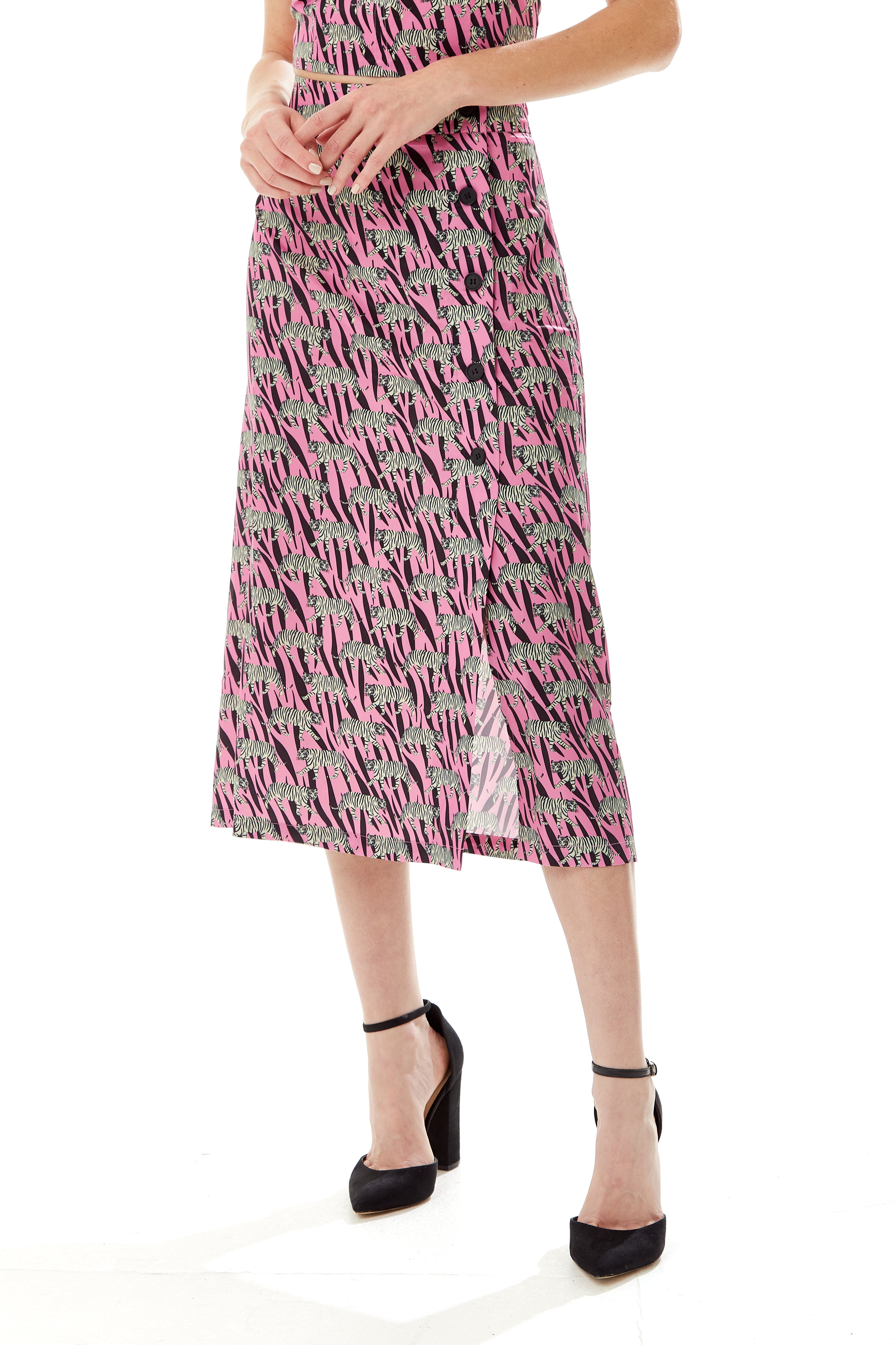 Women's Purple Midi Skirt with Mixed Animal Print, Front Buttons, Side Slit - Liquorish