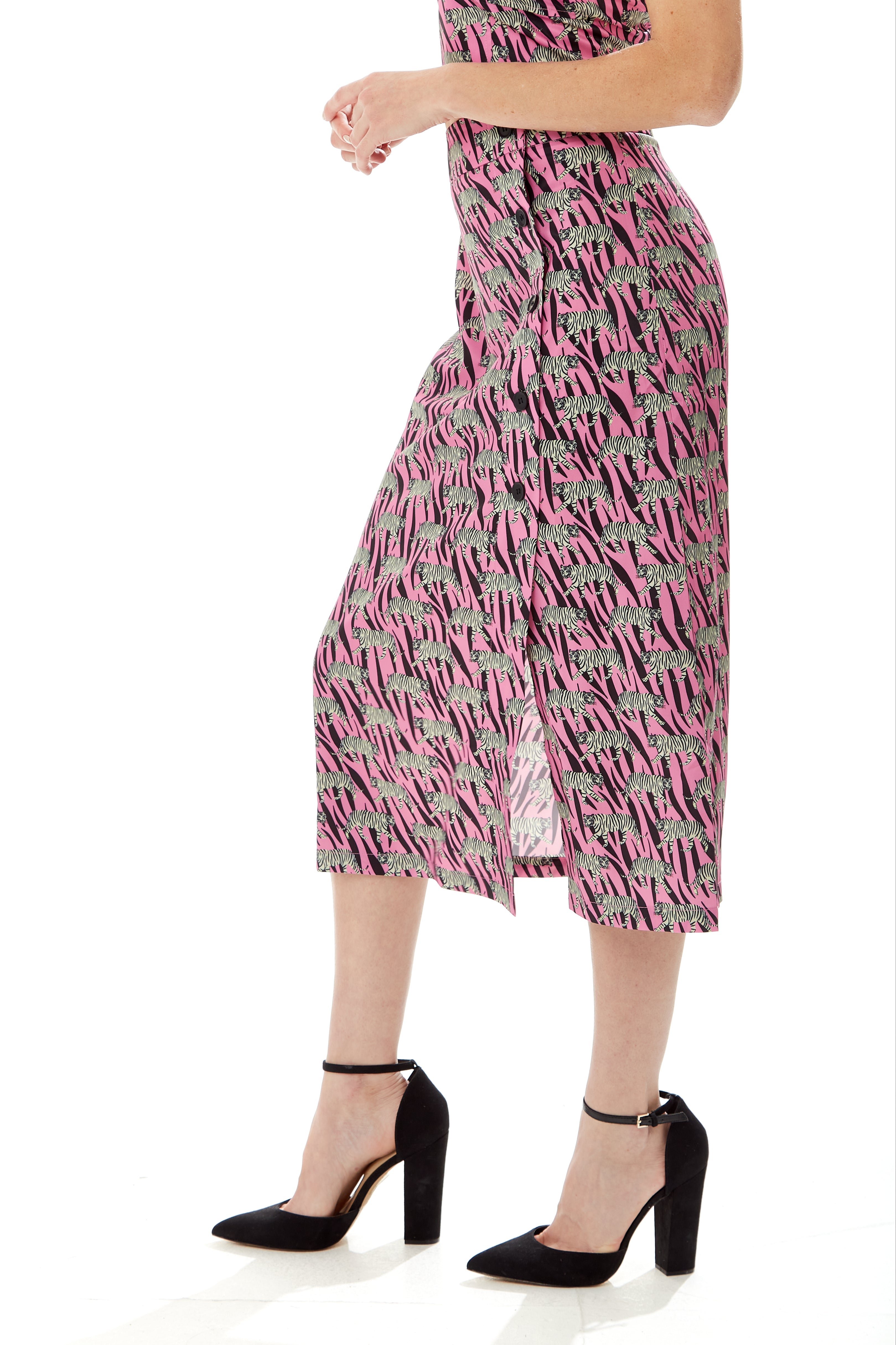 Women's Purple Midi Skirt with Mixed Animal Print, Front Buttons, Side Slit - Liquorish