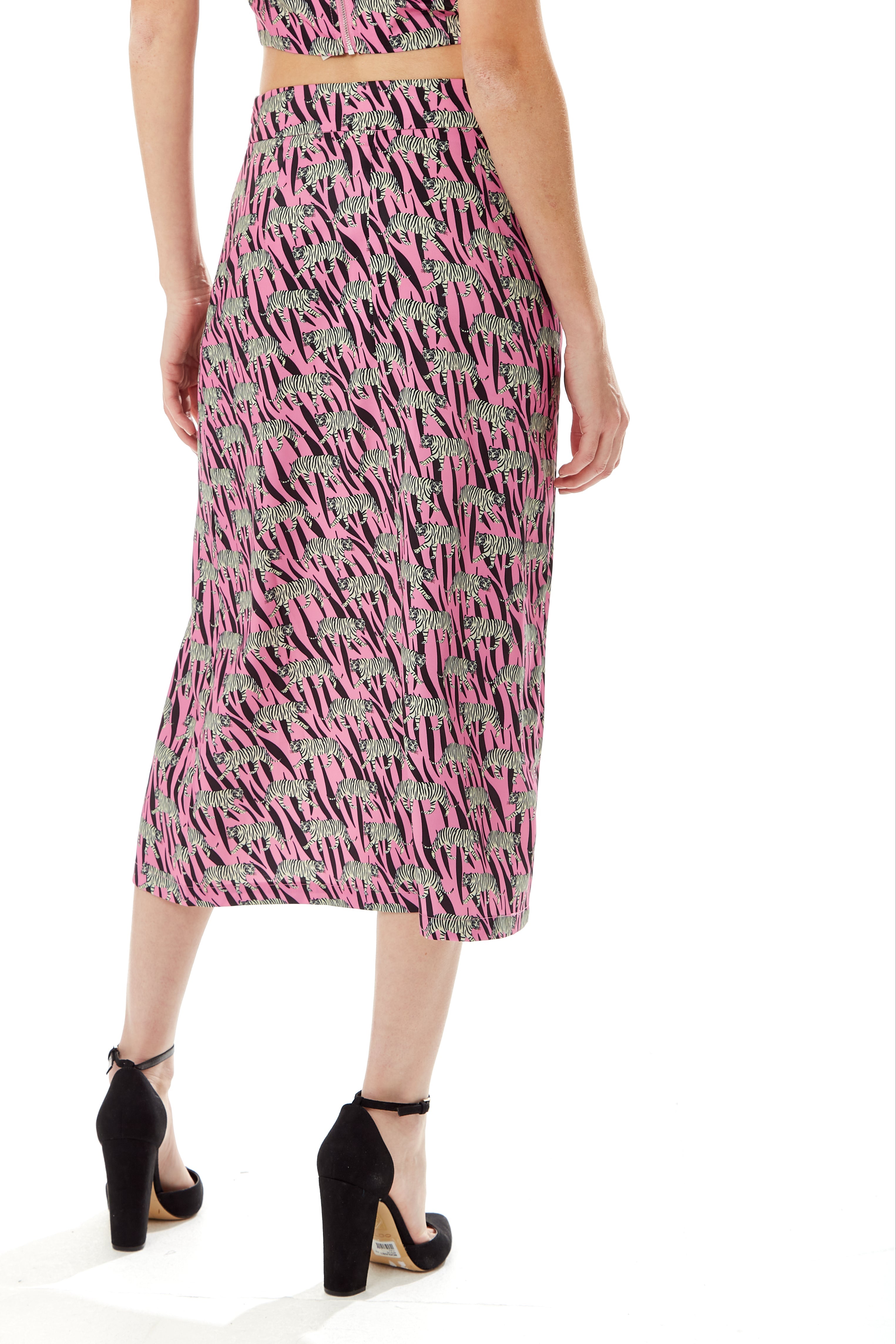 Women's Purple Midi Skirt with Mixed Animal Print, Front Buttons, Side Slit - Liquorish