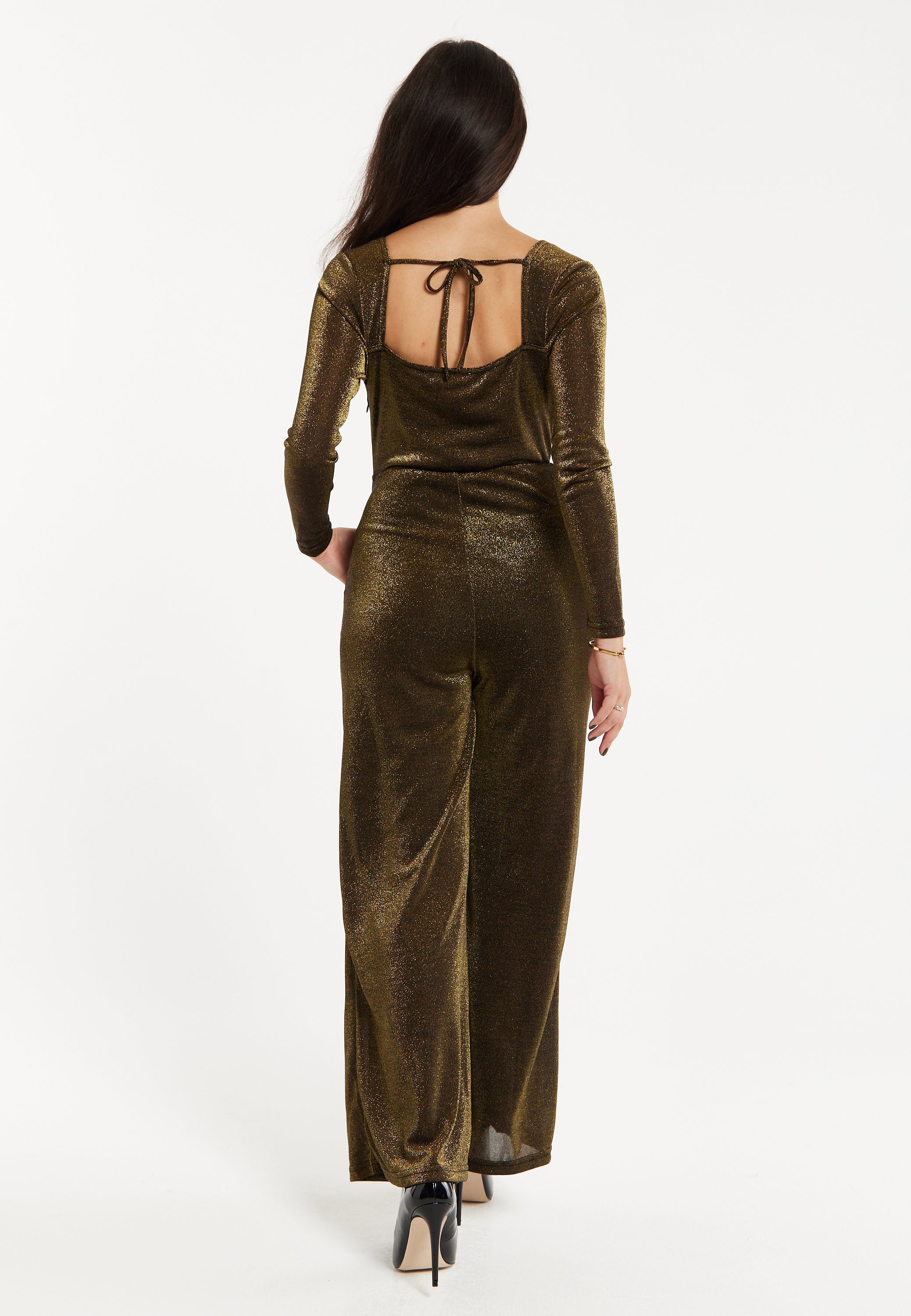 Women's Cowl Neck Full Length Lurex Jumpsuit with Wide Legs and Long Sleeves - Perfect for Parties, Liquorish