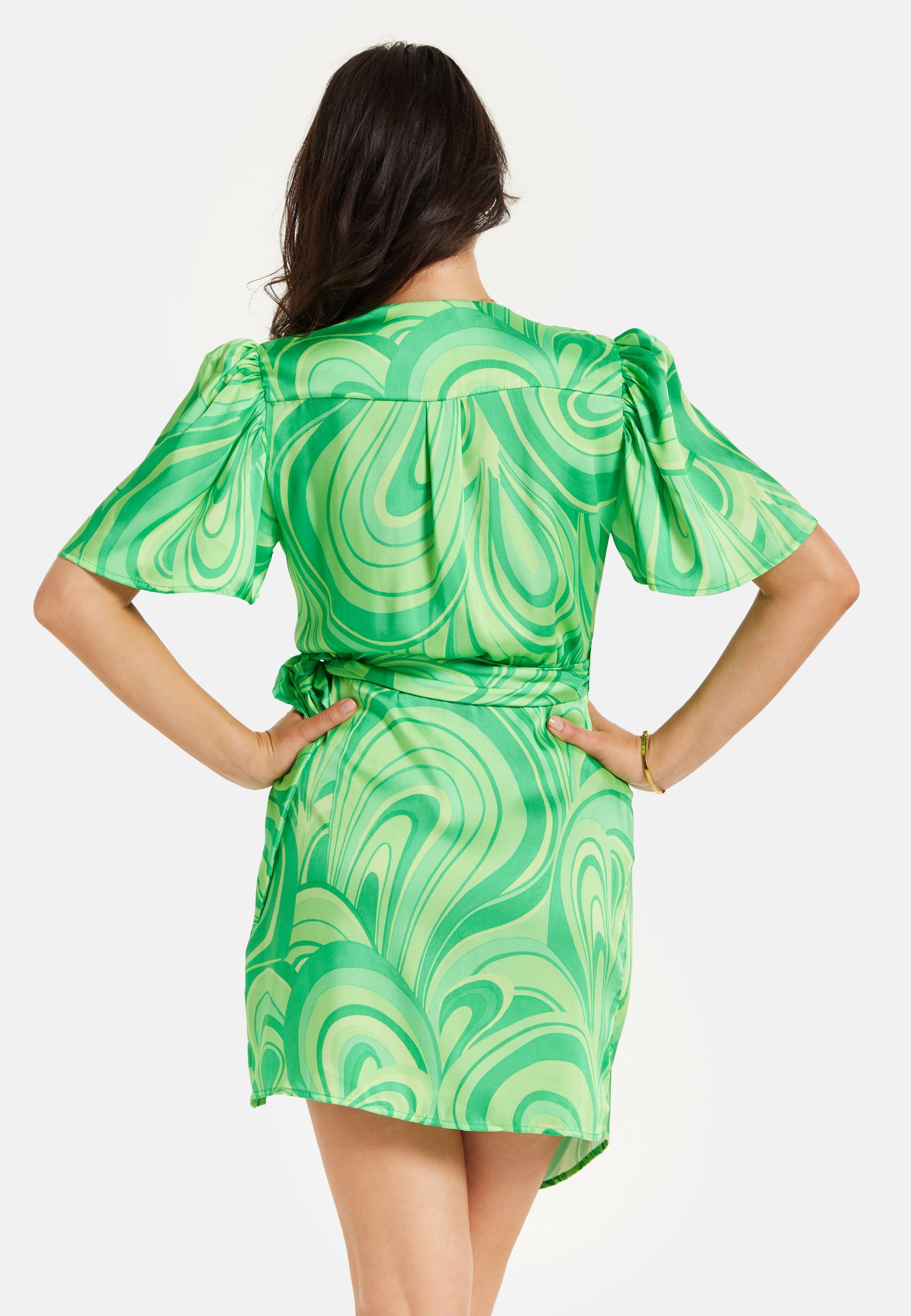 Women's Mini Dress in Green with Short Sleeves, V Neck, Tie Waist, and Wrap Style - Liquorish