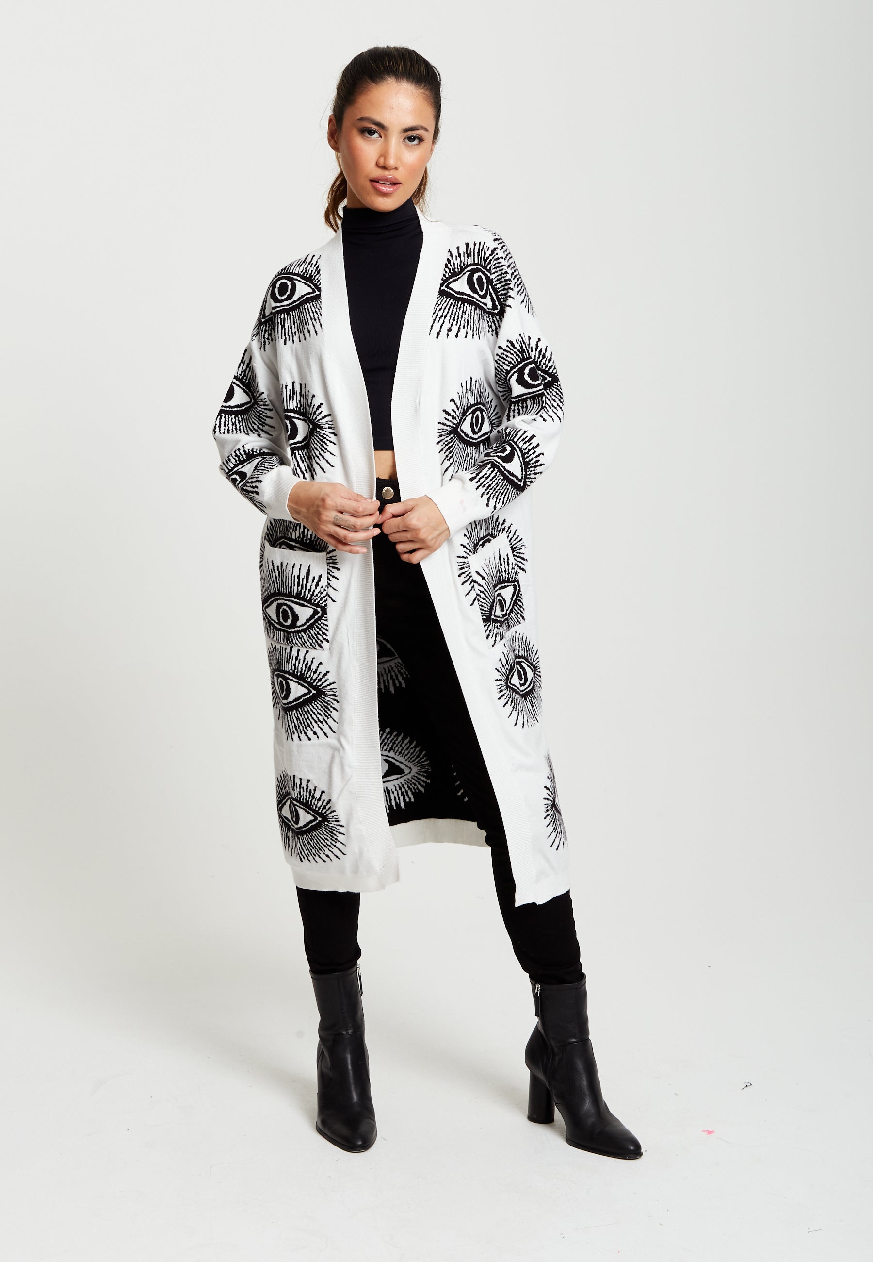 Women's Longline Cardigan with Eye Pattern, Open Front, White Color, Relaxed Fit - Liquorish