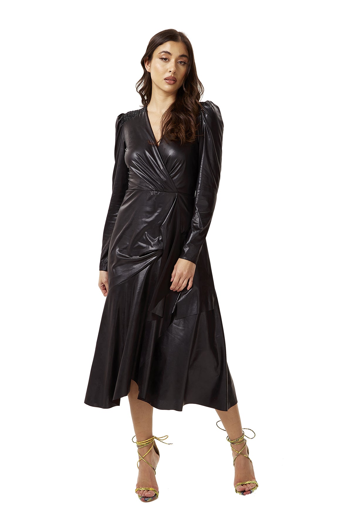 Women's Midi Dress in Black with Long Sleeves - PU Wrap with Tie Waist and Crossover Front by Liquorish