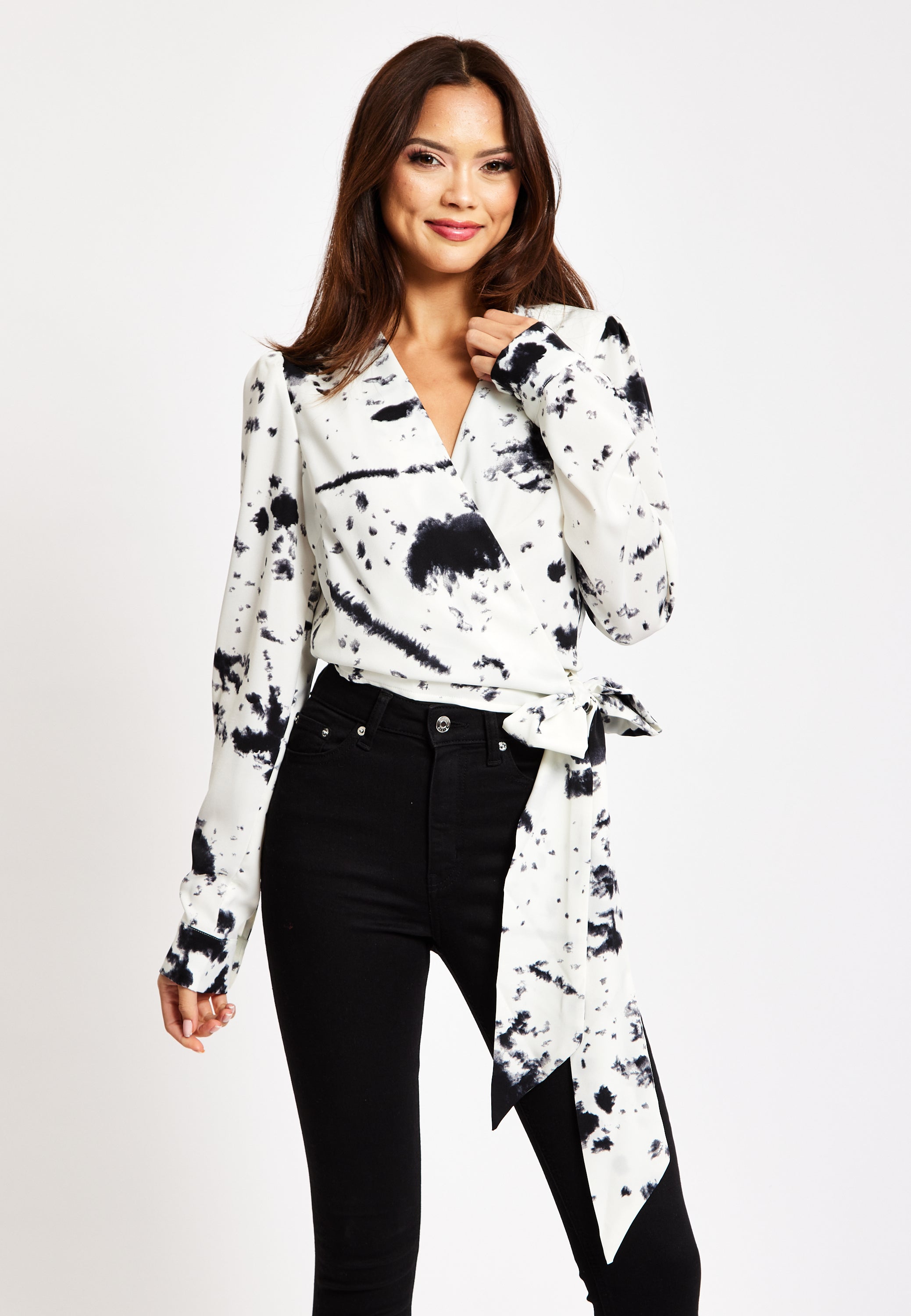 Women's Mono Abstract Print Wrap Top with Long Sleeves, Crop Style, Matching Tie Waist, Perfect for Any Occasion.